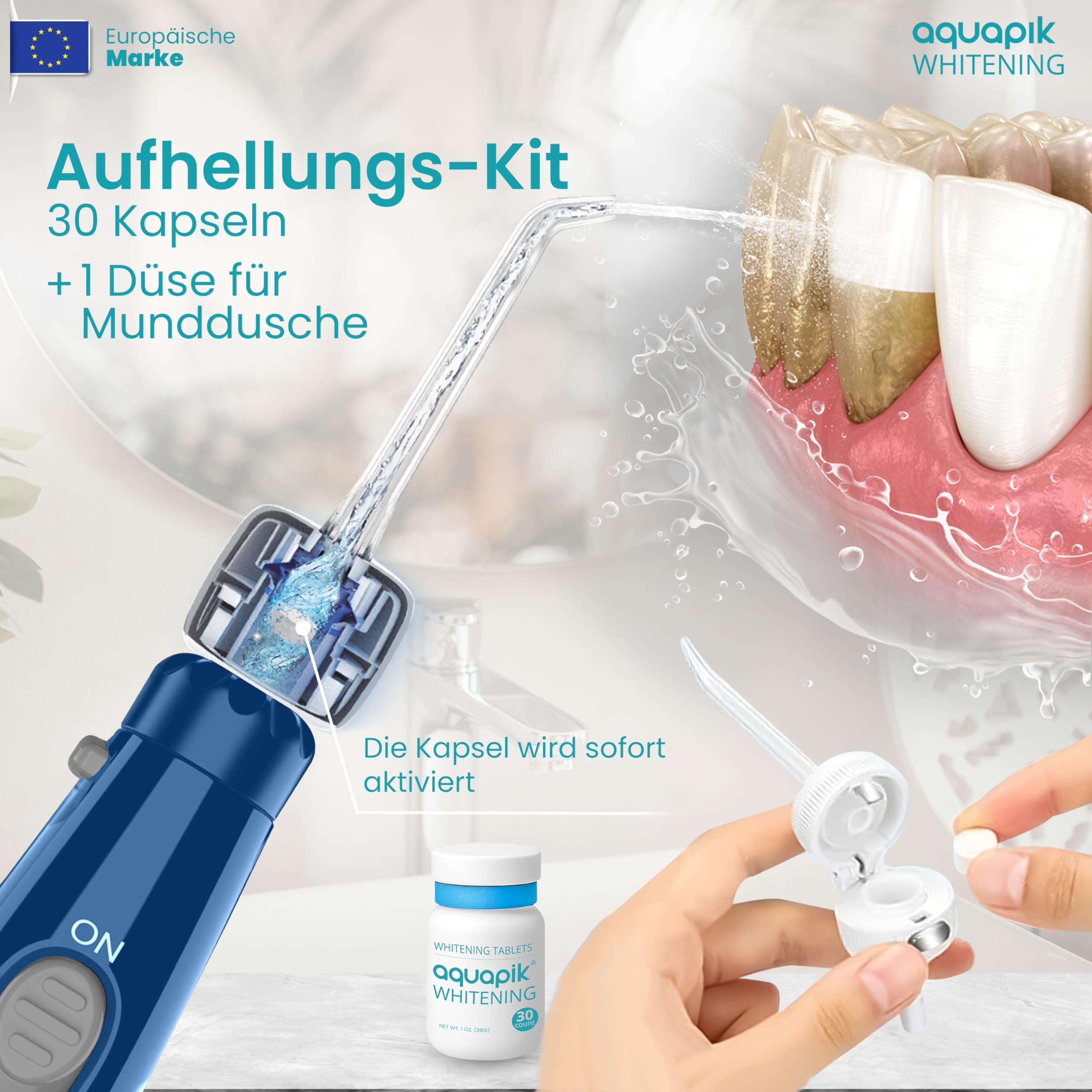 Aquapik® ADVANCED Munddusche | Ideal für Zahnspangen, Implantate und empfindliches Zahnfleisch | Aufhellungs-Kit entfernt Flecken | 10 Druckstufen | 10 Düsen | Von Zahnärzten empfohlen.
