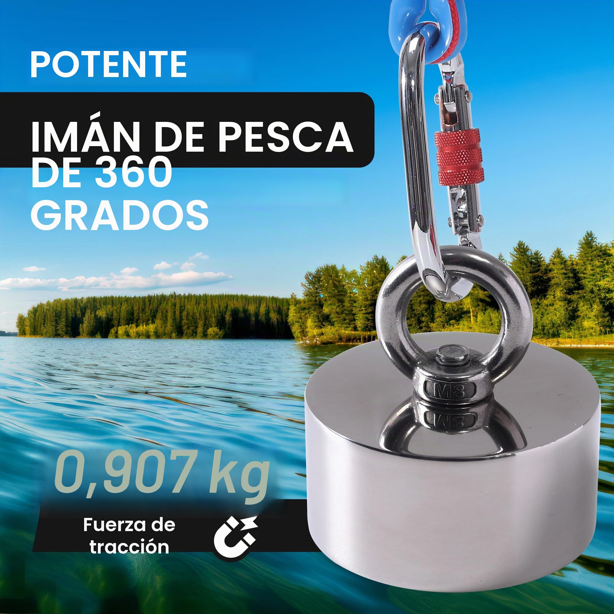 Potente imán de pesca de 360 grados de 907,2 kg | Imán de neodimio potente N52 | Pesca magnética para rescate y búsqueda del tesoro en ríos y océanos