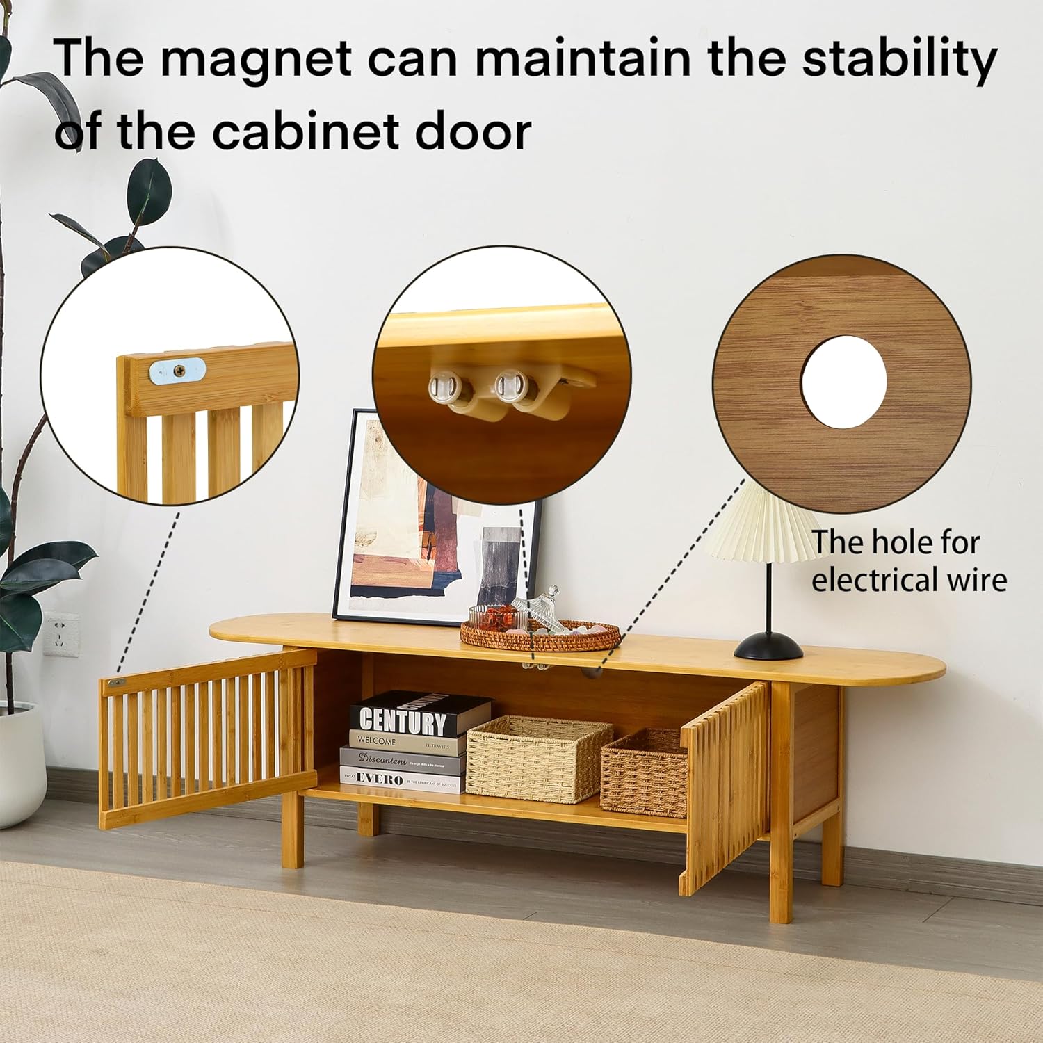 Bamboo TV Stand for TVs up to 65", Accent Entertainment Center with Storage, Media Console Table with Fence Door, Modern TV Stand for Living Room, Bedroom, 55"(L), Burlywood - Image 6