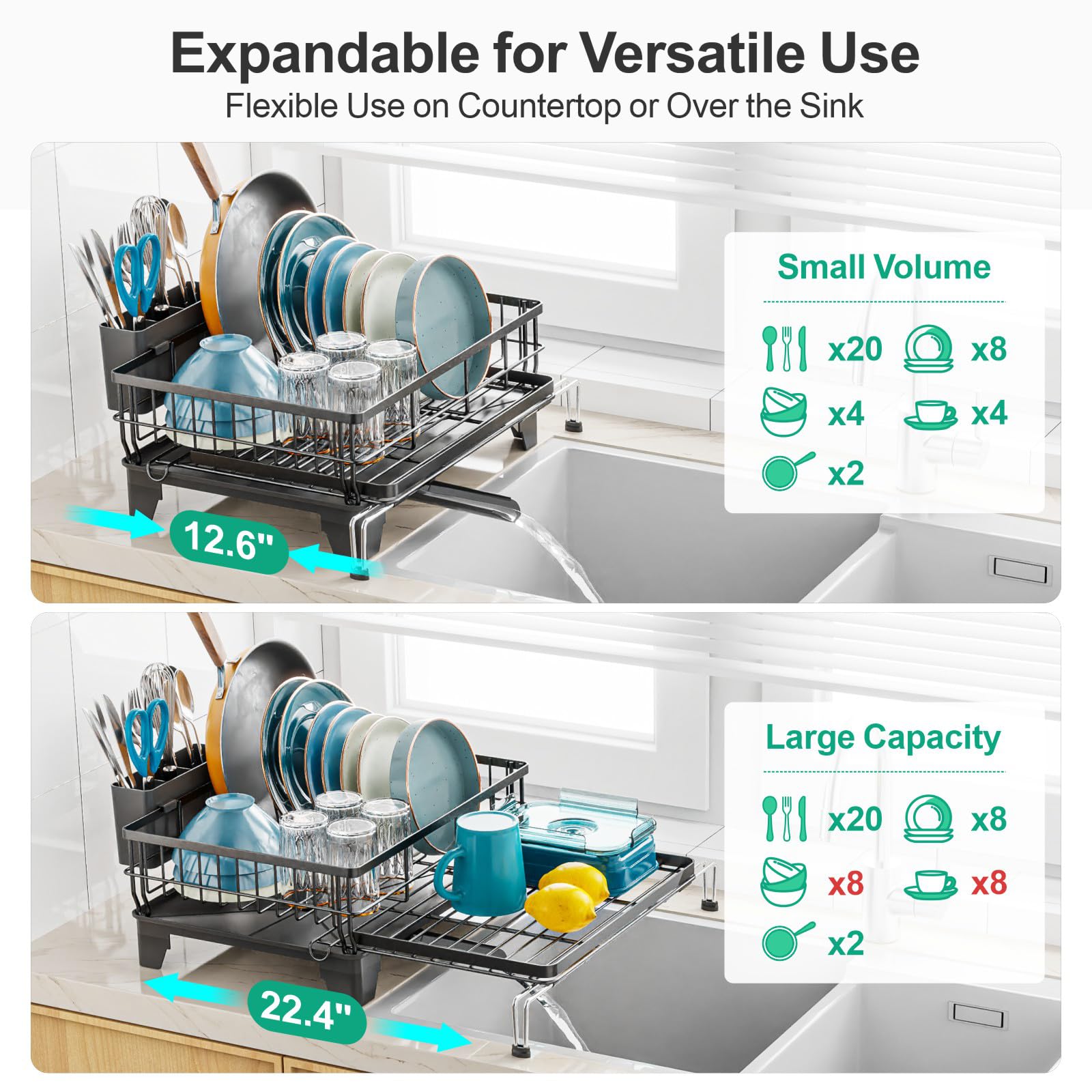 GSlife Escurridor de platos expandible con escurridor, multifuncional, 2 en 1, para encimera y fregadero de cocina, escurridor de platos grande con 2 ranuras para sartenes y soporte para utensilios,