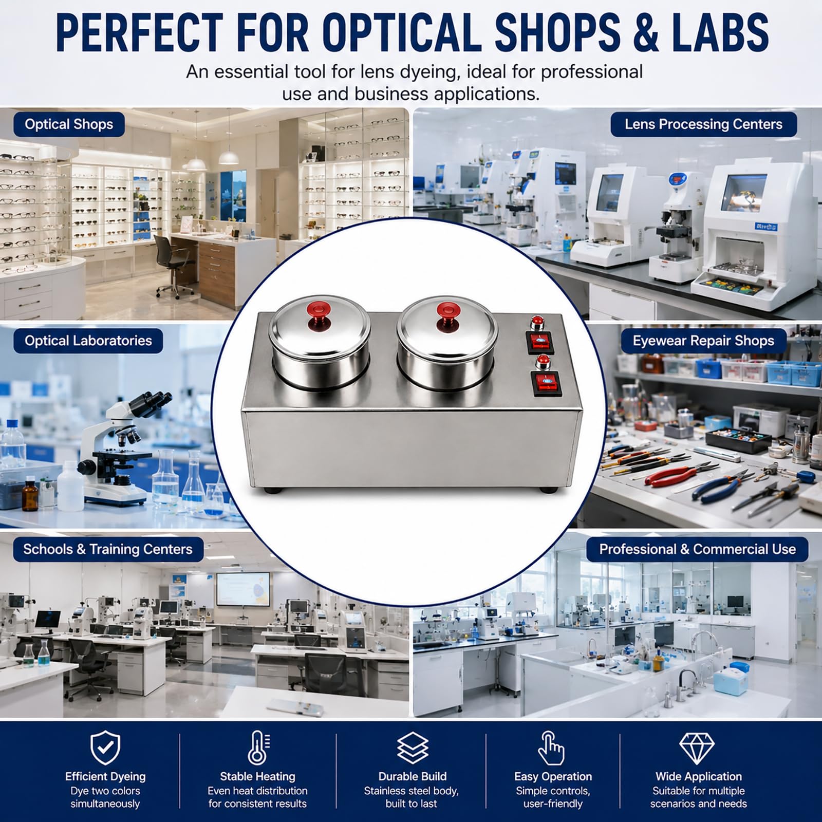 Máquina para Teñir Lentes De Gafas, Calentador De Doble Recipiente para Teñir Lentes ópticas con Interruptores Independientes, para Lentes De Resina, Laboratorio óptico Y Tienda De Gafas.