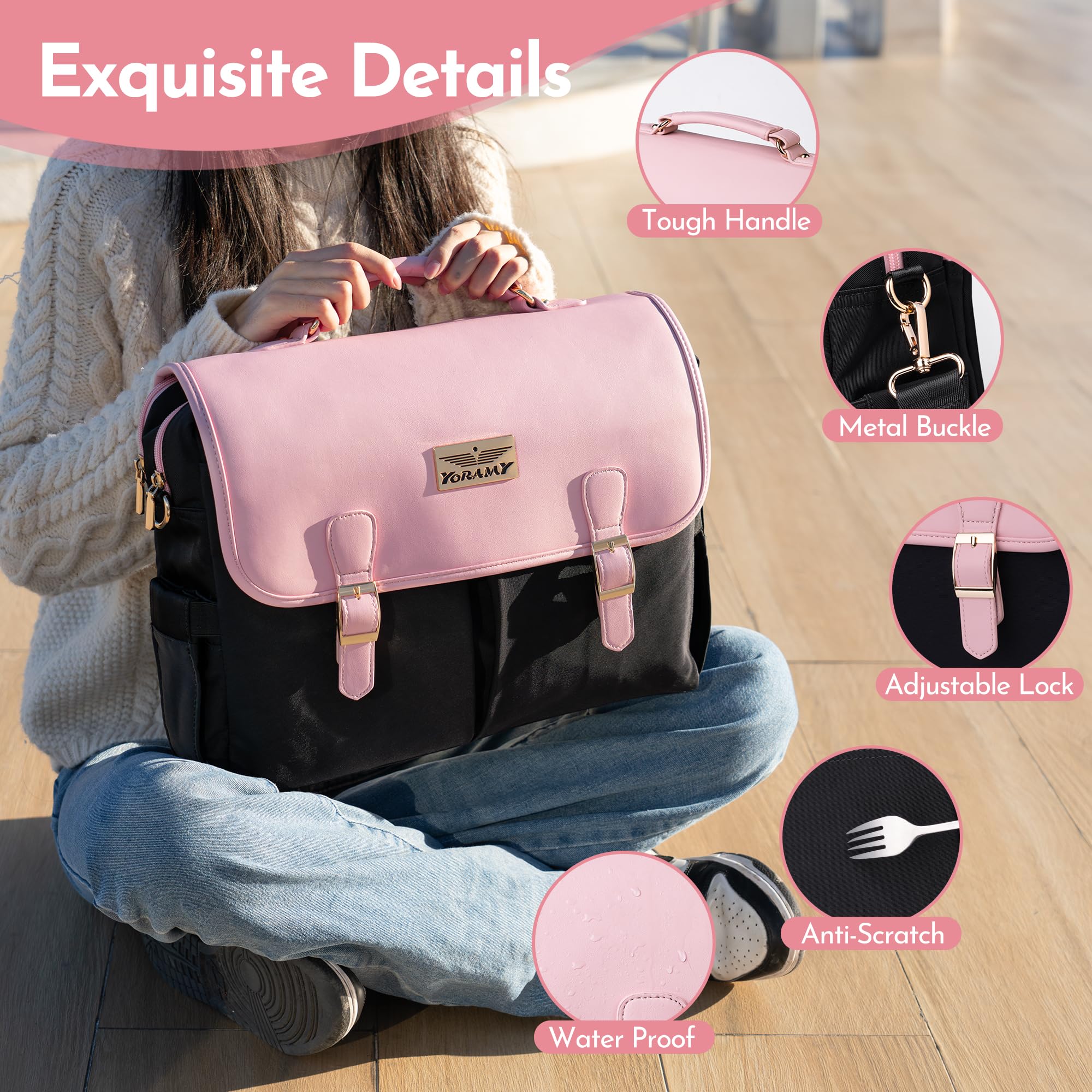 Bolsa de lona para laptop para mujer; bolsa de trabajo ligera tipo mensajero; bolsa grande con cremallera para la escuela, 17 bolsillos