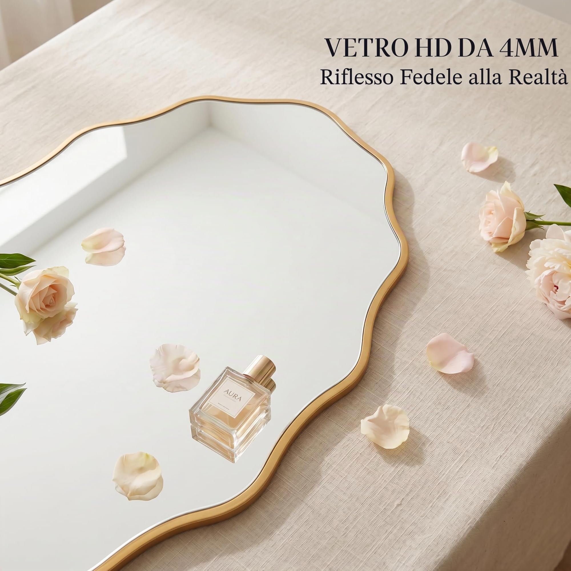 PERFNIQUE Specchio da parete dorato, 76 x 45 cm, con cornice in legno ondulato, per bagno, cameretta dei bambini, camera da letto, soggiorno, ingresso, decorativo moderno (oro, 76 x 45 cm)