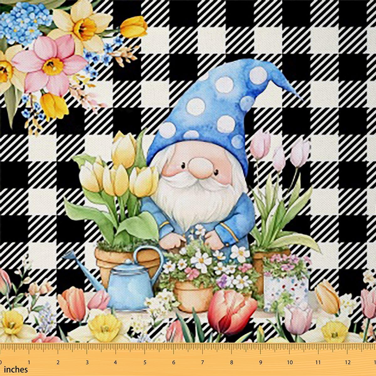 Mushroom Fabric by The Yard,Kawaii Spring Gnome Upholstery for Quilting,Butterfly Plants Decorative,Cute Red Green Gnome Outdoor,Wild Species Waterproof,10 Yards,White