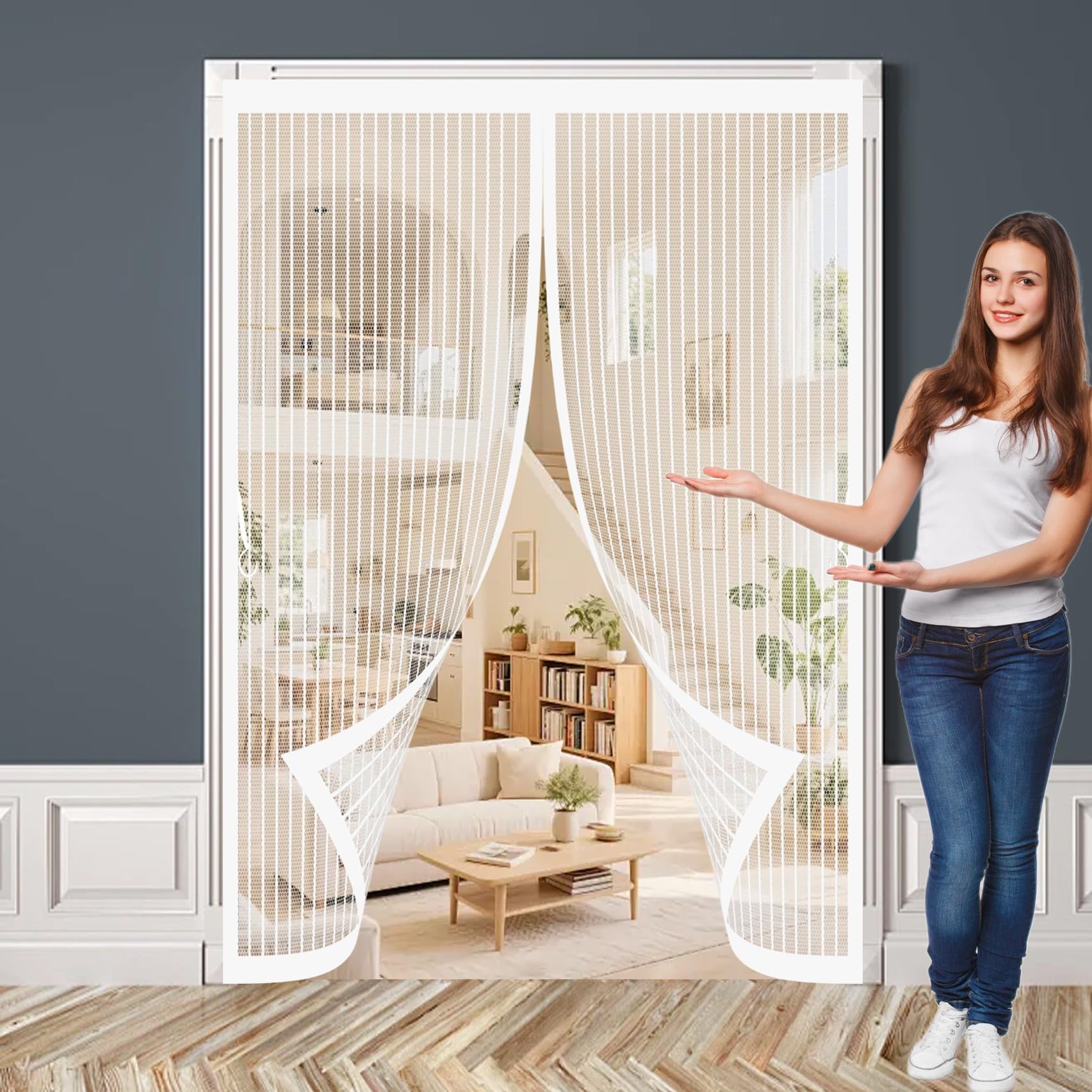 Magnetic Screen Door 85 x 210 cm Powerful Magnets, No Drill Installation, Automatically Closes, for Keeping Out Flies & Bug Magnetic Door Screen for Patio Doors Balcony, White