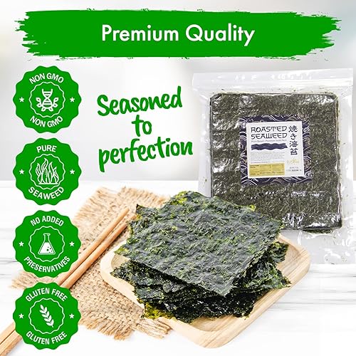 Miniatura 7 de Fusion Select Hojas de algas tostadas para rollos de sushi, hojas japonesas Nori para sushi, rollo de California, Onigiri, Musubi, Maki, Bento,