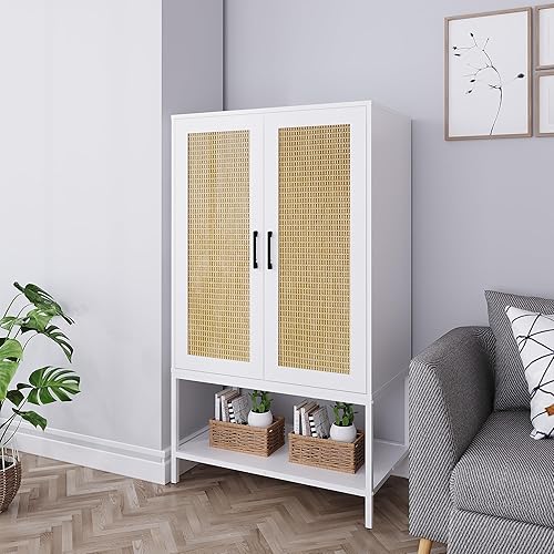 Miniatura 4 de BOCVKENN Armario ropero, Armario de ratán para dormitorio con 2 puertas, armario de madera con estantes y barra para colgar ropa, color blanco