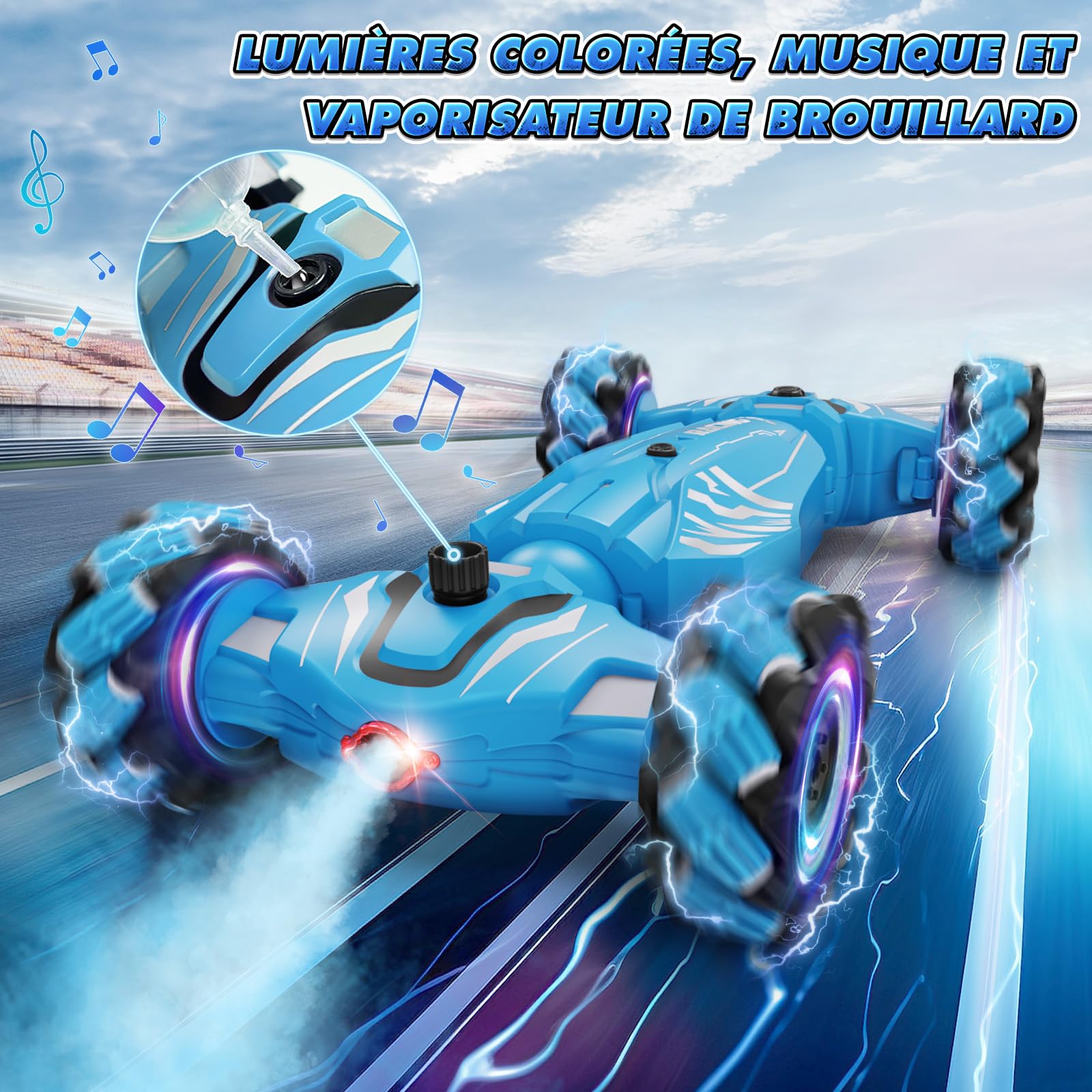 Dysaim Voiture Télécommandée Tout Terrain, 4WD Voiture Télécommandée avec la Main, 2,4Ghz 360° Rotation RC Stunt Car Musique Lumière et Spray, Cadeaux pour Garçons Filles Enfants 6 8 10 12 Ans, Bleu