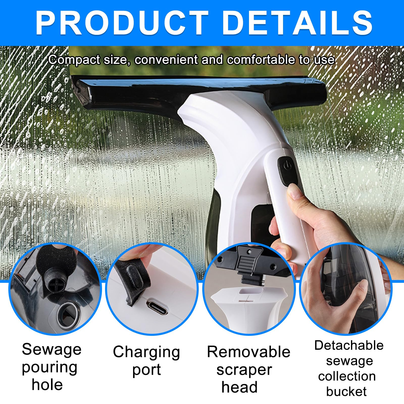 Nettoyeur de vitres électrique 150 ml : aspirateur de fenêtre sans fil avec vaporisateur de 300 ml et serpillère en microfibre, matériau plastique, nettoyant pour fenêtres, carreaux, miroirs, parois