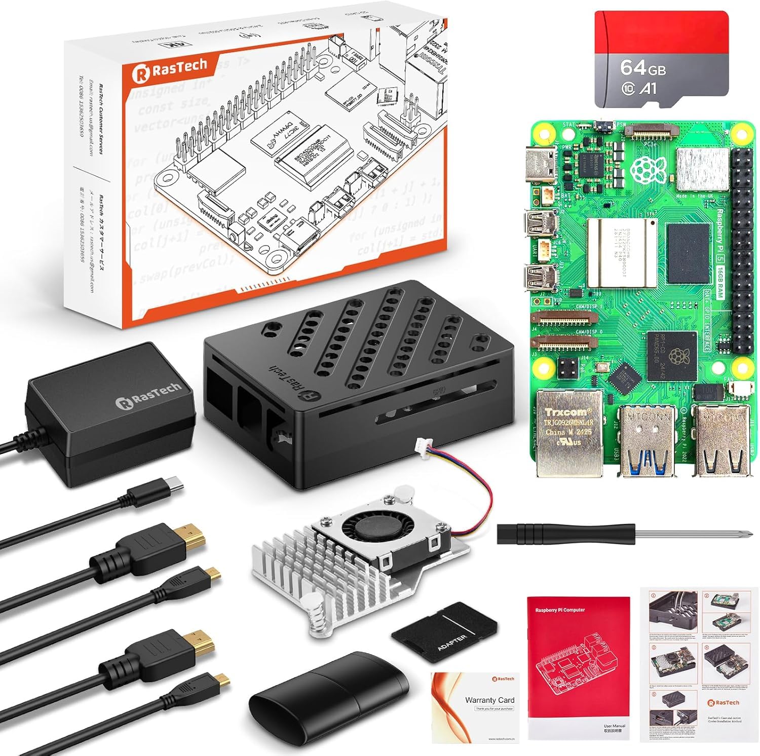 RasTech Raspberry Pi 5 16GO Kit 64GO Edition avec Active Cooler,Alimentation 27W 5.1V5A USB-C,Pi5 16GO Board,Kit Lecteur de Carte 64GO,Boîtier Pi 5,Double 4K Câbles de HD Out,Manuel d'utilisation