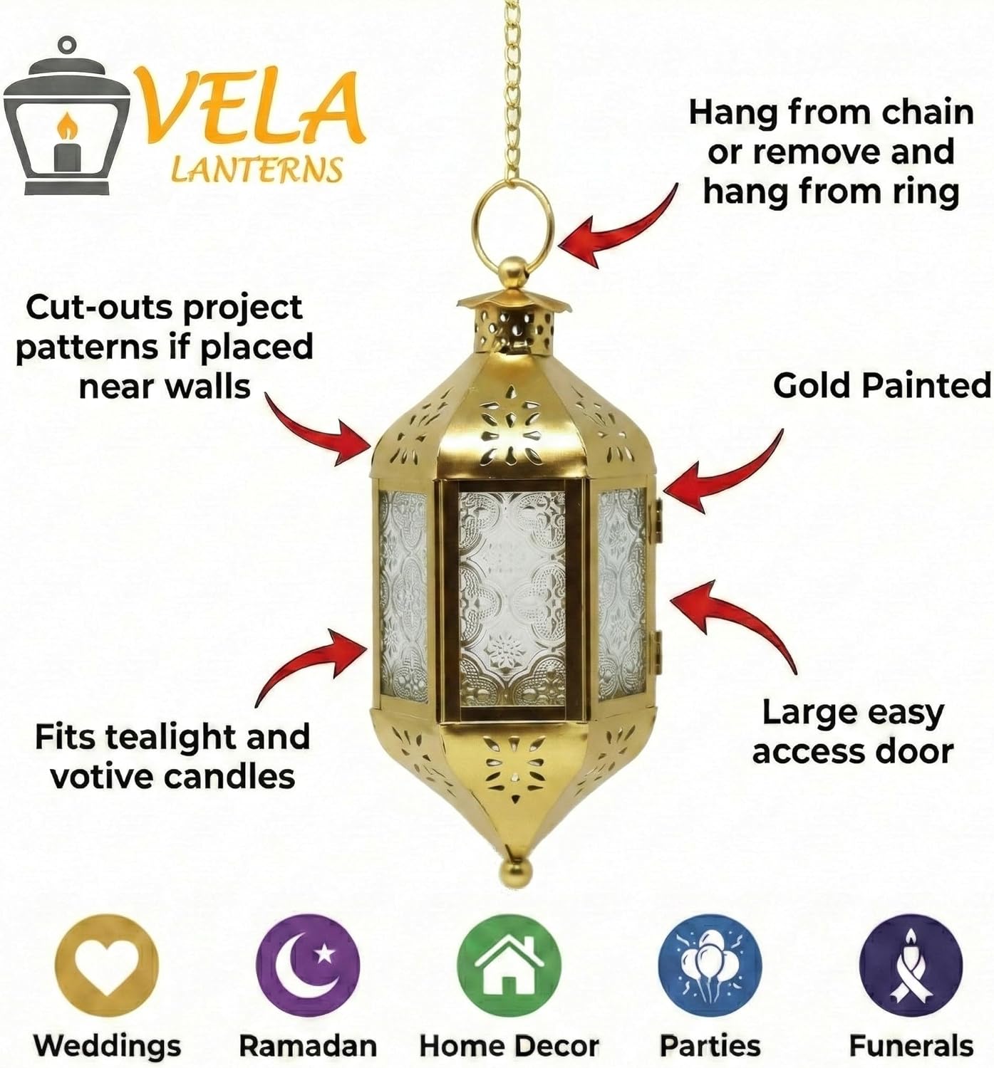 Vela Lanterns 11.5" Hanging Moroccan Decorative Candle Lantern Lamp – Indoor/Outdoor Tea Light Candle Holder for Patio, Porch, Ramadan or Home Decor, Gold