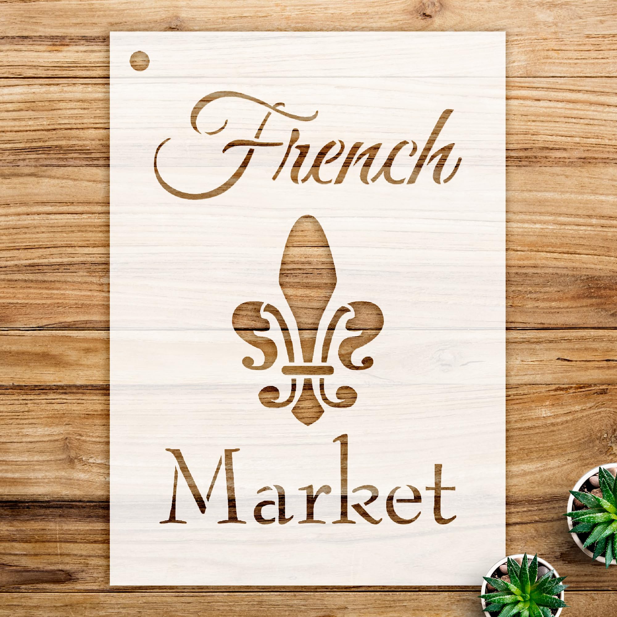French Market Stencil Pattern with Fleur de lis, Reusable Mylar Template for Painting Wood Signs and Home Decor Projects - Size A4 (7.9
