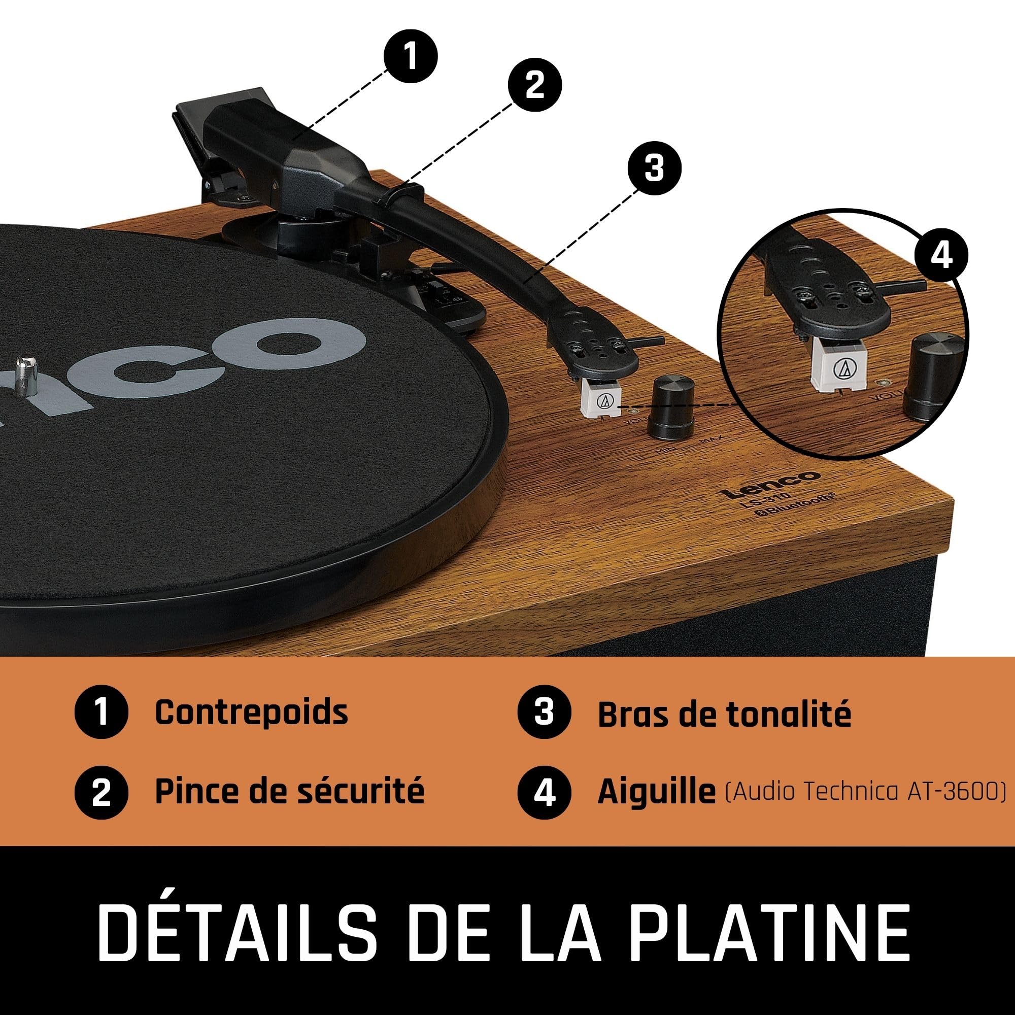 Lenco Tourne-disque LS-310 - Tourne-disque Bluetooth - 33 et 45 tr/min - Entraînement par courroie - Haut-parleurs externes 2 x 10 W RMS - Aiguille Audio Technica - RCA Out - Marron