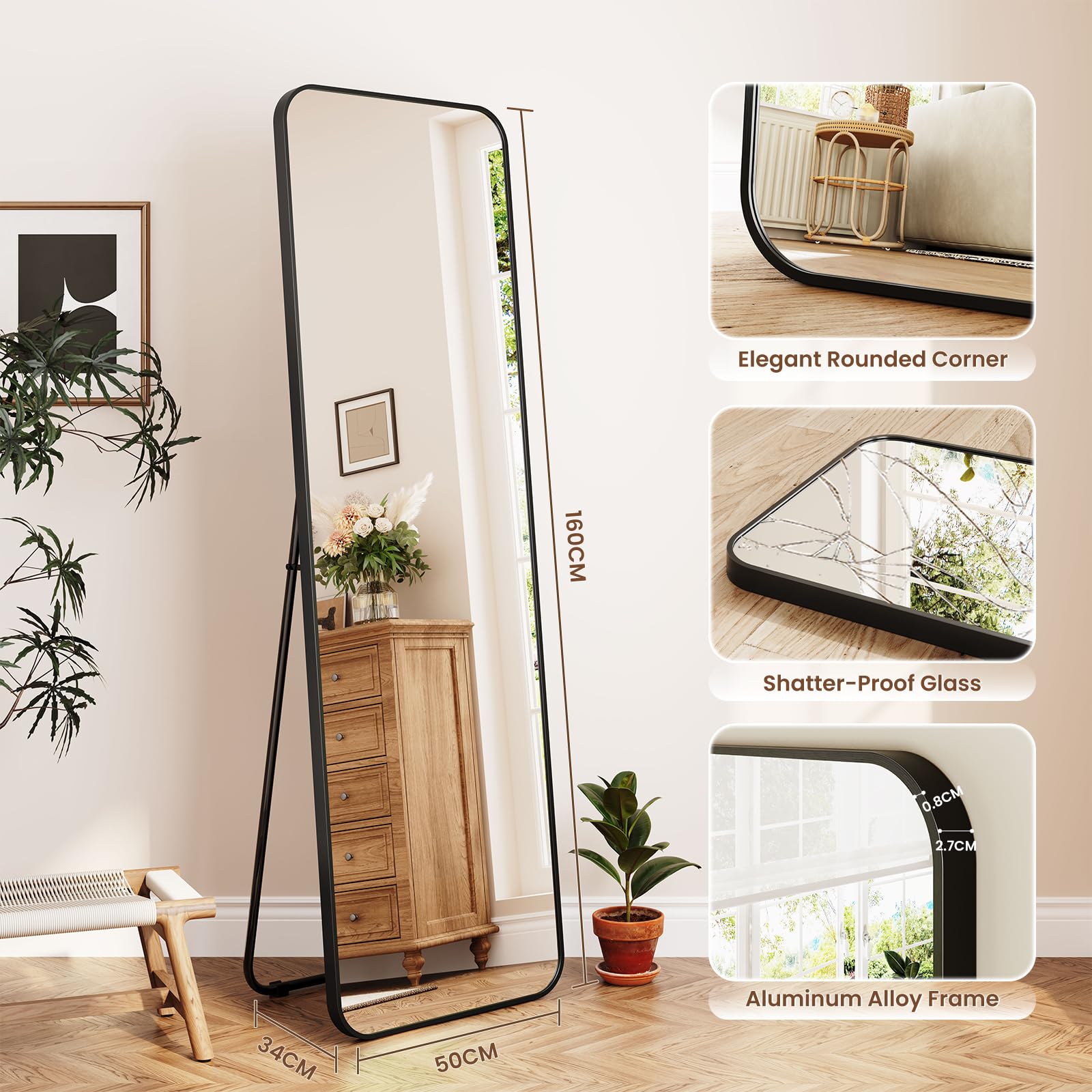Dripex Grand Miroir 150x40cm Coins Arrondis Miroir Pied Suspendu Cadre Alliage Aluminium Noir