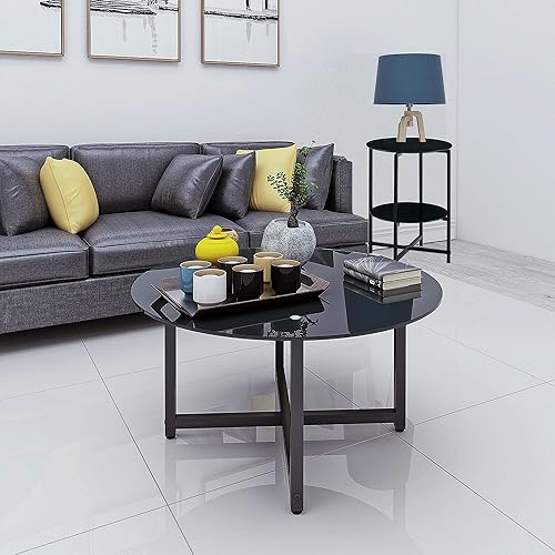 Miniatura 6 de Mesa auxiliar redonda de vidrio de 355 pulgadas mesa de centro negra con mesa de vidrio templado de 0315in y patas de metal mesa auxiliar moderna