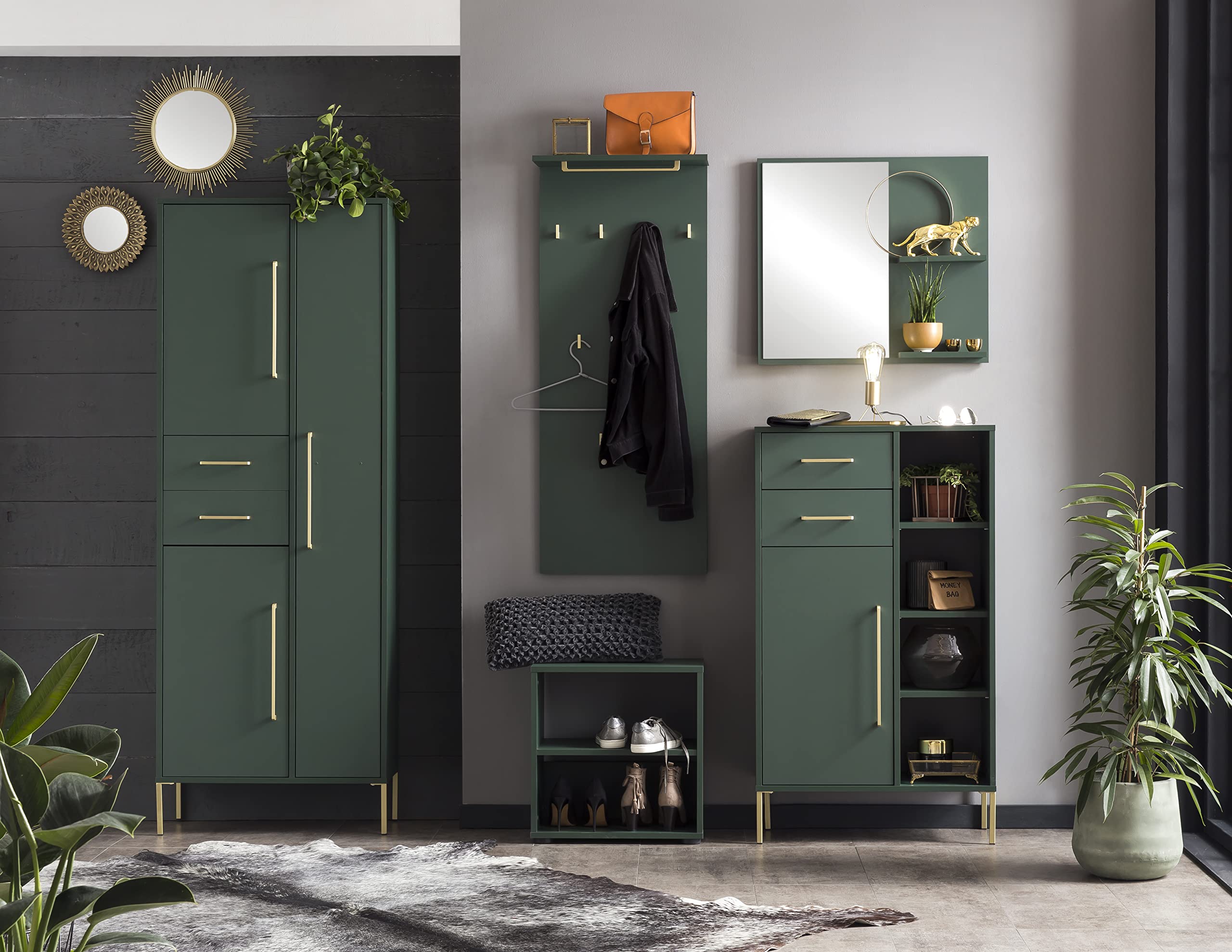 Schildmeyer Kent Highboard 151130, waldgrün/Gold, 67,1 x 33,1 x 117,4 cm