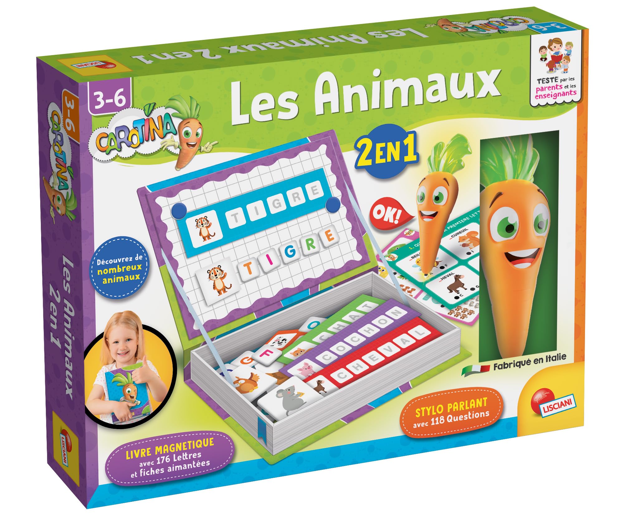 Lisciani - Carotina - Animals 2 in 1 - Educational Game for Children from 3 to 6 Years - Magnetic Book Letters and Animals - Talking Pen with Questions - Letters and Magnetic Cards - Learn to Read