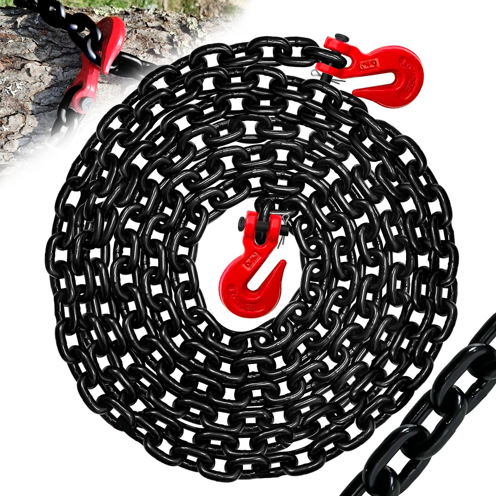 3/8" Safety Binder Chain-20 FT Heavy Duty Transport Chain with 7100 lbs Working Load Limit,G80 Lifting Tow Binder Chain with G70 Clevis Grab Hooks,Trailer Log Chocker Accessories (EP Black)