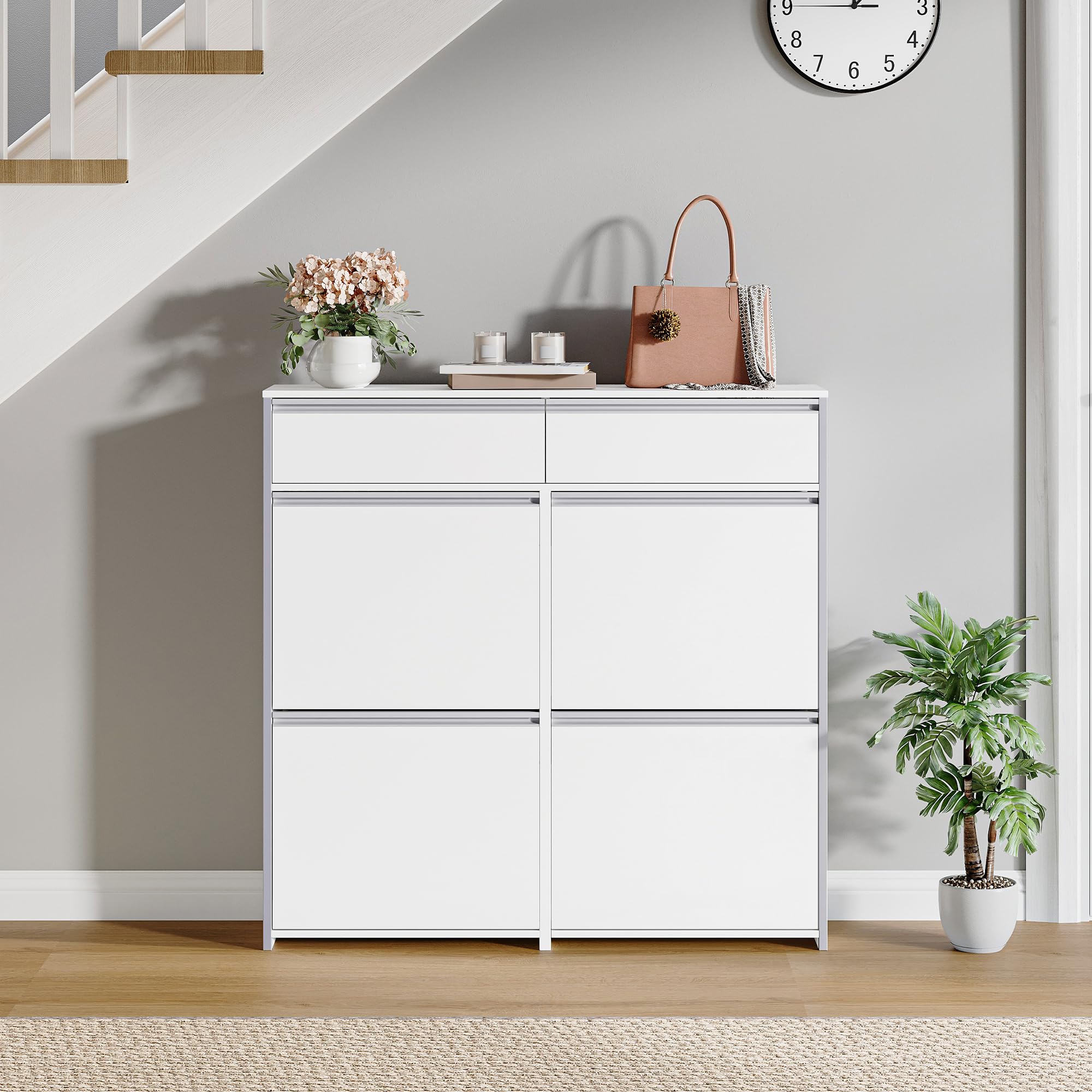 HEXCELEN Meuble à Chaussures avec 4 Battants, 16 à 24 Paire, Blanc-Argent | Étroit Étagère à Chaussures avec Tiroir, Meuble à Chaussure, Séparateur Réglables, pour Couloir, Entrée, 100 x 24 x 99 cm