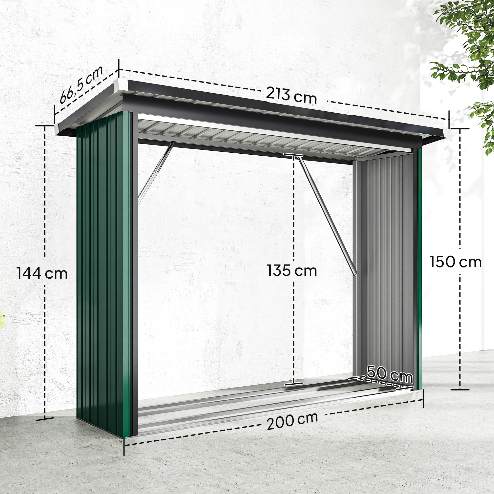 Outsunny Albero Coperto Acciaio Zincato Supporto Legna Riscaldamento 213 x 66,5 x 150 cm Verde