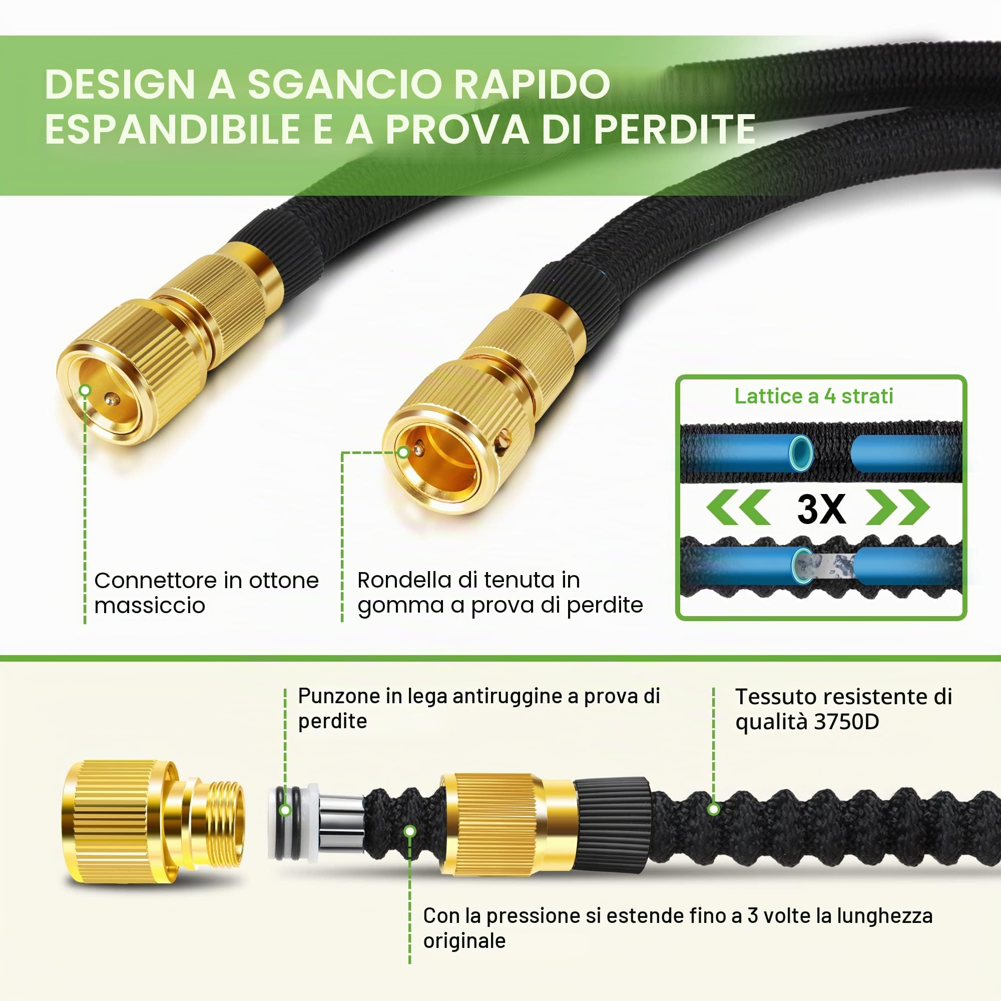 tubo da giardino, tubo estensibile da giardino con 10 ugelli di spruzzo, connettore in ottone, tessuto di 3750D, tubo acqua giardino con anima in lattice a 4 strati-15m/50ft