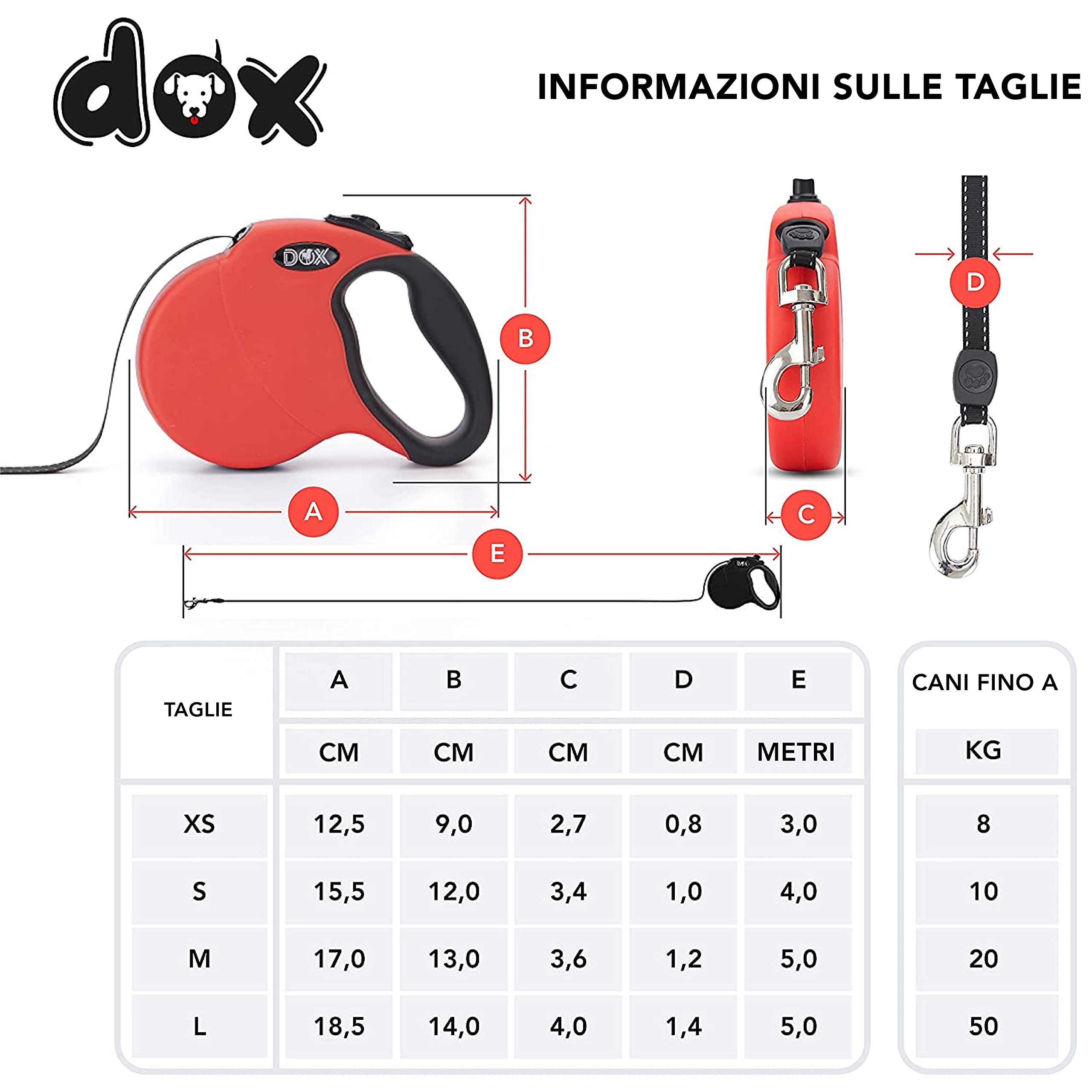 DDOXX Guinzaglio per Cani Allungabile | Colori e Misure Diverse | per Cani Piccoli e Grandi | Accessori Cane Guinzaglio a Bretella Retraibile | Guinzaglio per Gatti e Cani | XS, 3m, Fino a 8 kg, Rosso
