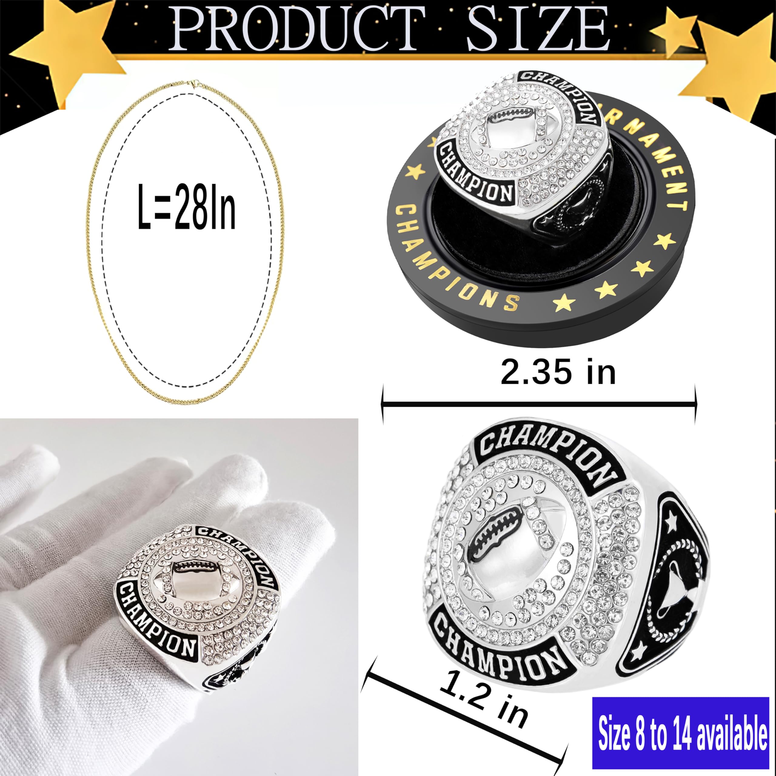 12 Stück Fußball Meisterschaft Ring Sport Ball Trophäe Award Geschenk mit Display Hals Kette und Ständer für Turnier oder Liga Champion Gewinner
