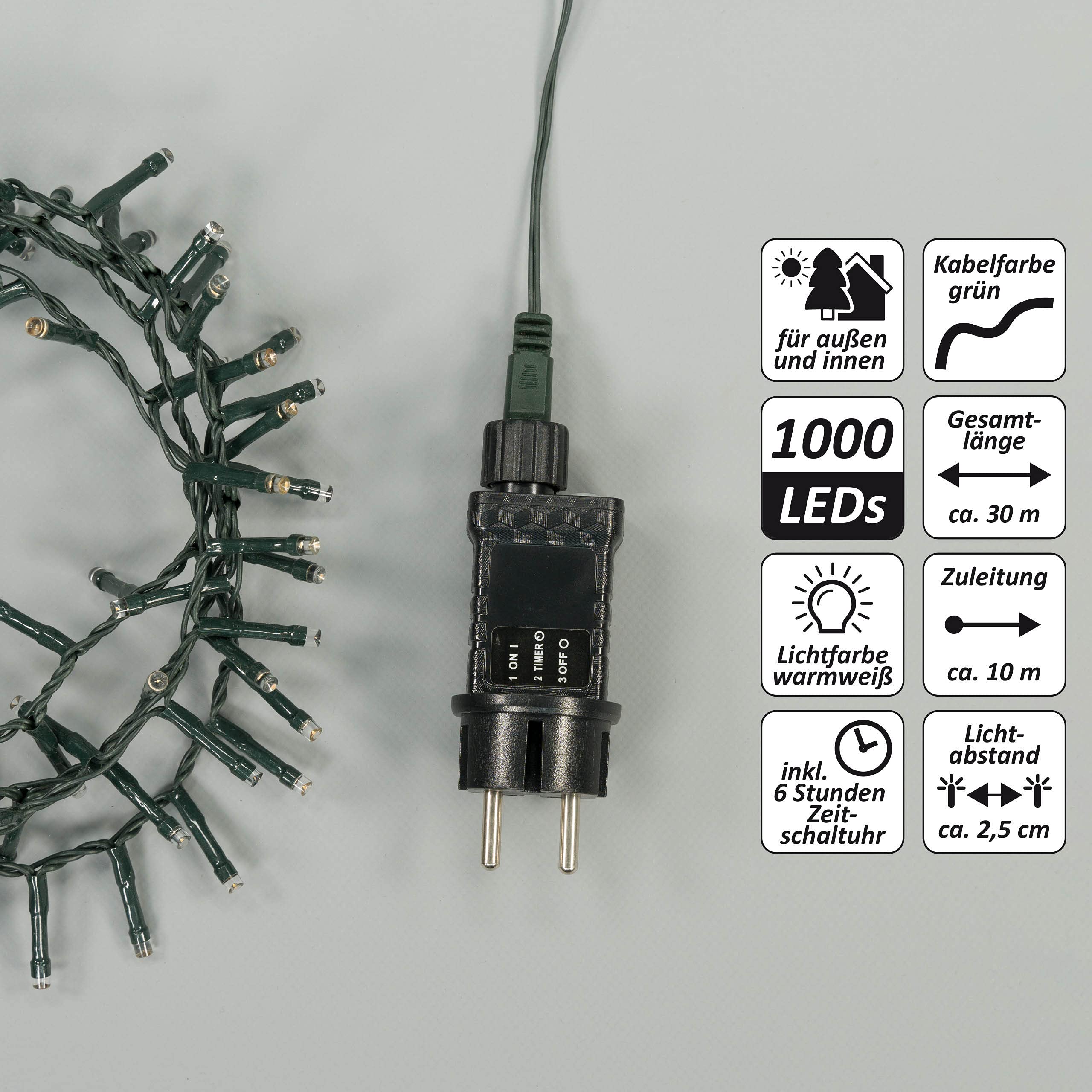 LED Büschellichterkette Cluster für Außen IP44 Außen-Trafo 6h-Timer grünes Kabel 25m Weihnachtsdekoration Party Xmas 500 750 1000 2000 warmweiß bunt wählbar (warmweiß, 1000 LED)