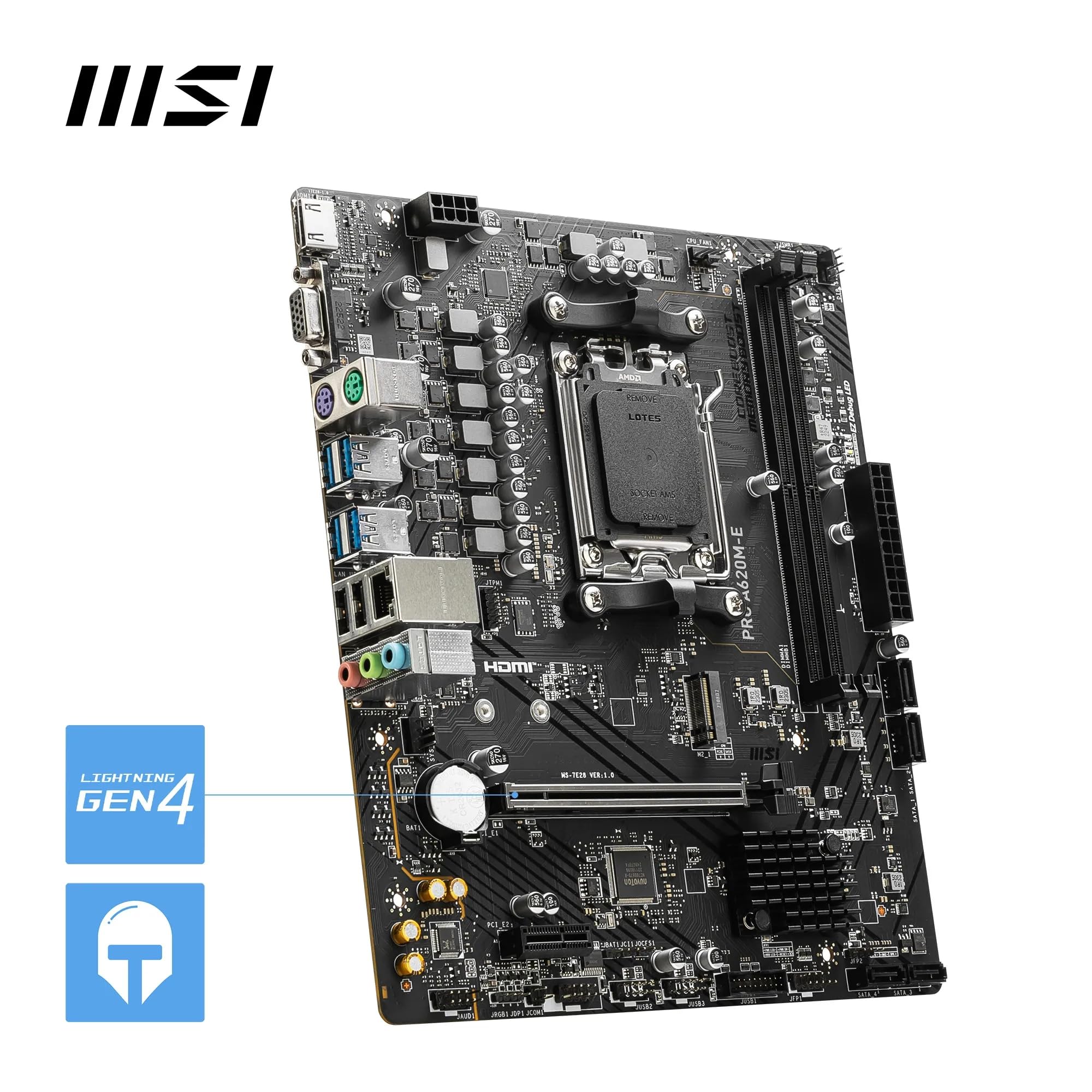 MSI PRO A620M-E płyta główna, Micro-ATX, obsługuje procesory AMD Ryzen z serii 7000, AM5 - DDR5 Memory Boost 6400+MHz/OC, 1 x PCIe 4.0 x16, 1 x M.2 Gen4