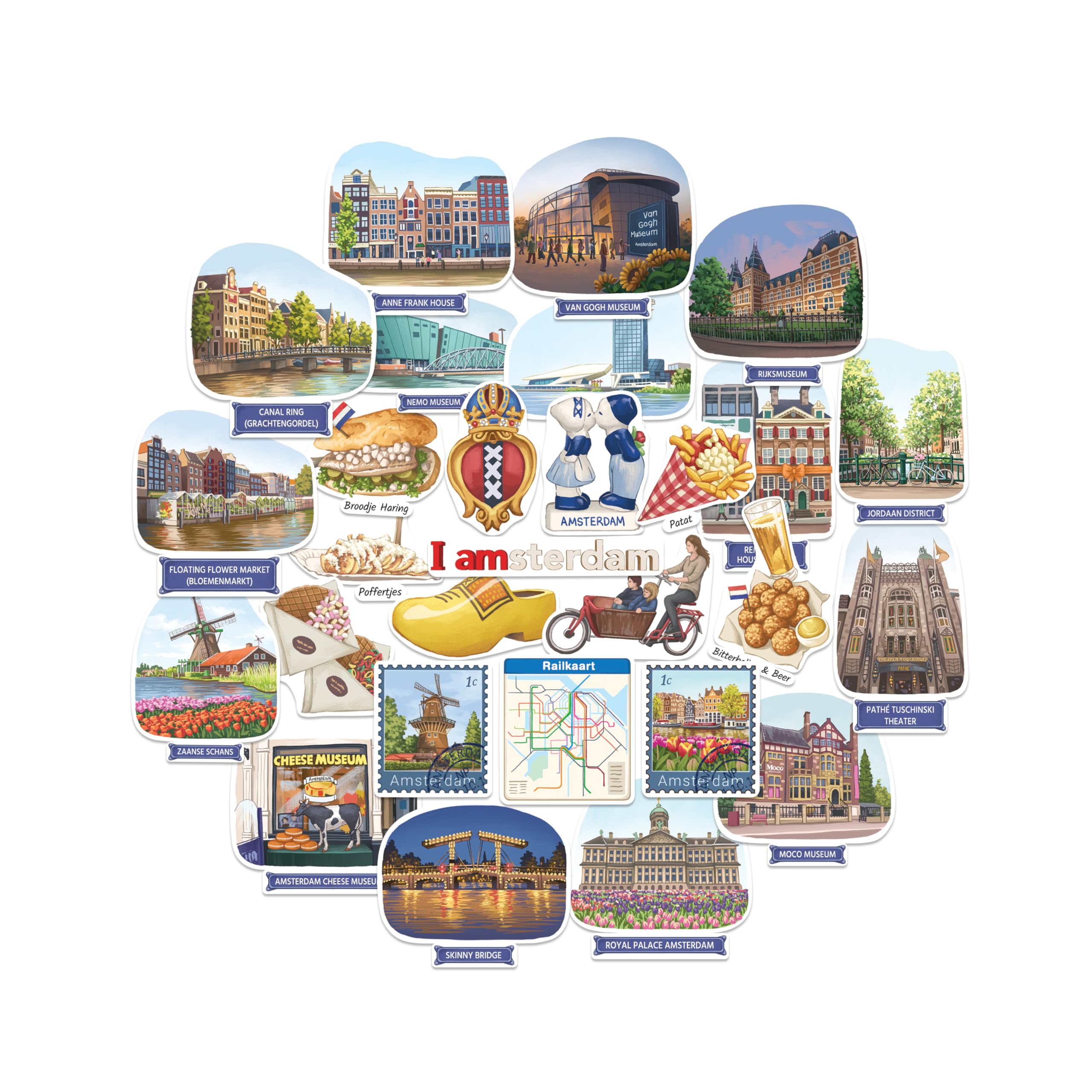 Navy Peony Artsy Amsterdam Travel Stickers (28pcs) – Gouache Style, Holland, Netherlands City-Themed Vacation Decals for Scrapbooks, Journals, Souvenirs
