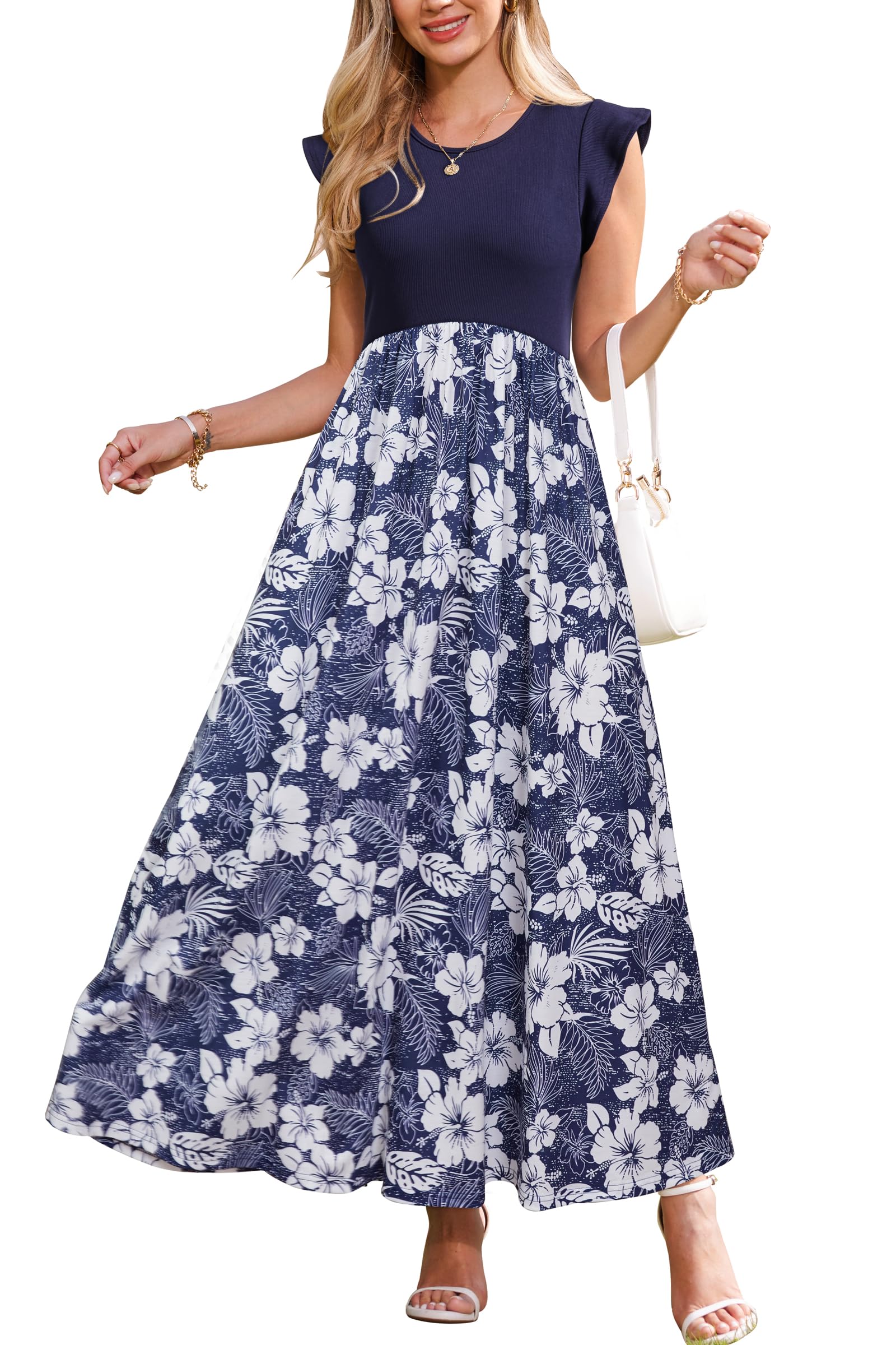 OUGES Women's Ruffle Sleeve Patchwork Maternity Maxi Dress with Pockets