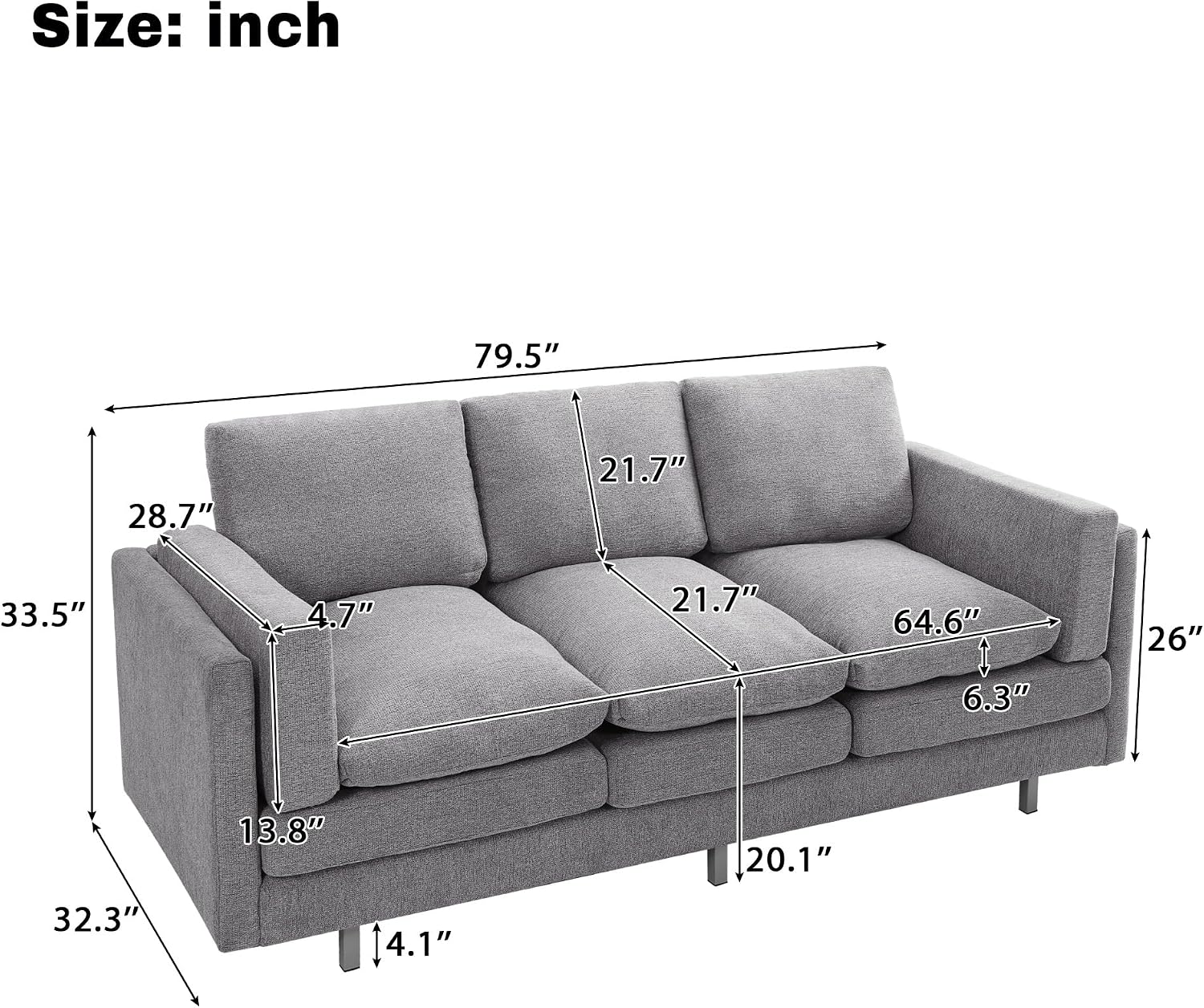 Christopher Knight Home Vincenzo 3 Seater Couch, Chenille Upholstered Sofa Chair, Metal Legs Couch, Dual-Layer Cushions Armchair, 79.5" Sectional Sofa, Comfort Seating for Living Room, Light Gray