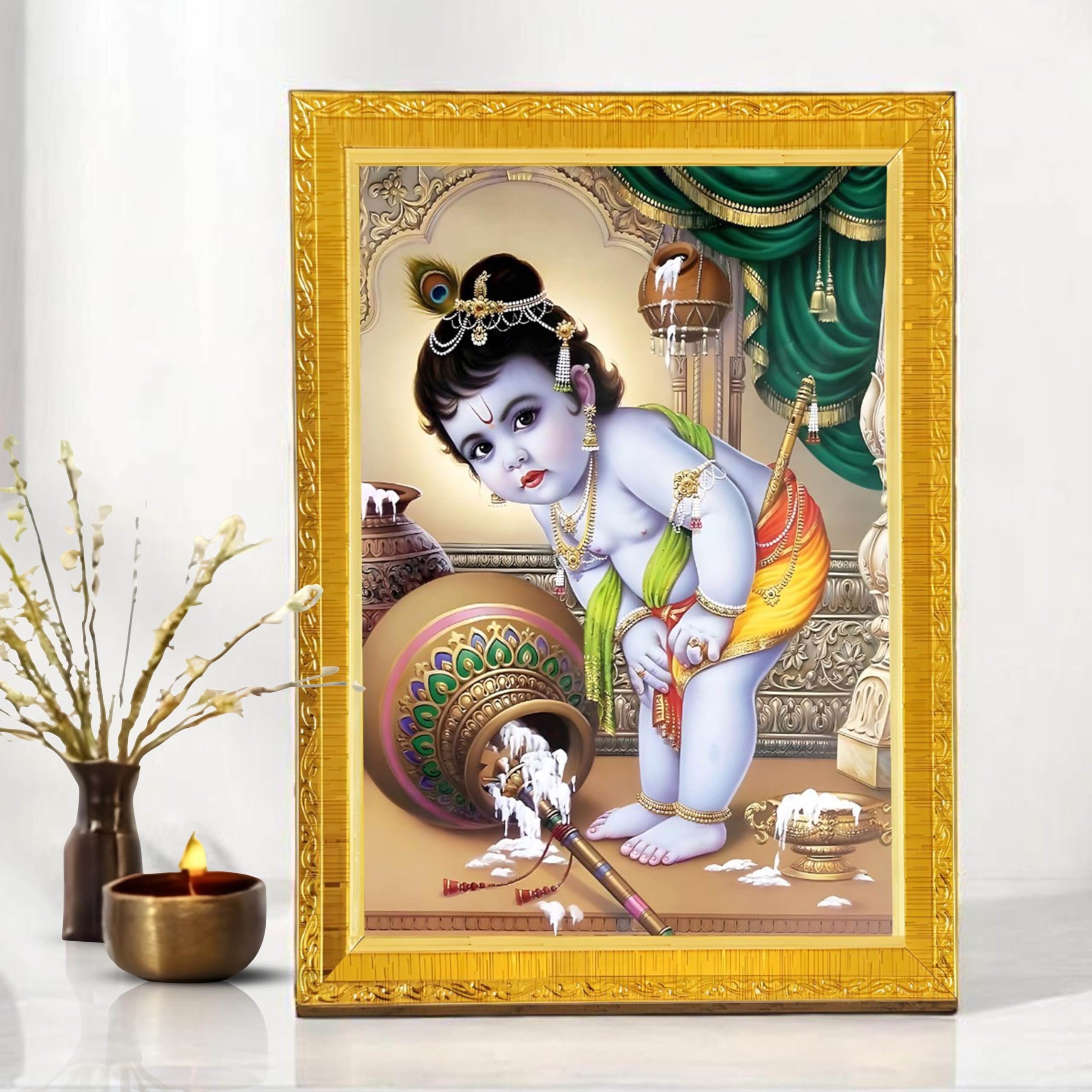 Art Street Lord Little Krishna with Makhan Photo Frame for Mandir, Pooja Room | God Photo Frame Divine Hindu Deity Wall Art for Living Room, Home and Office Decor Wall Decor (10x13 Inch)