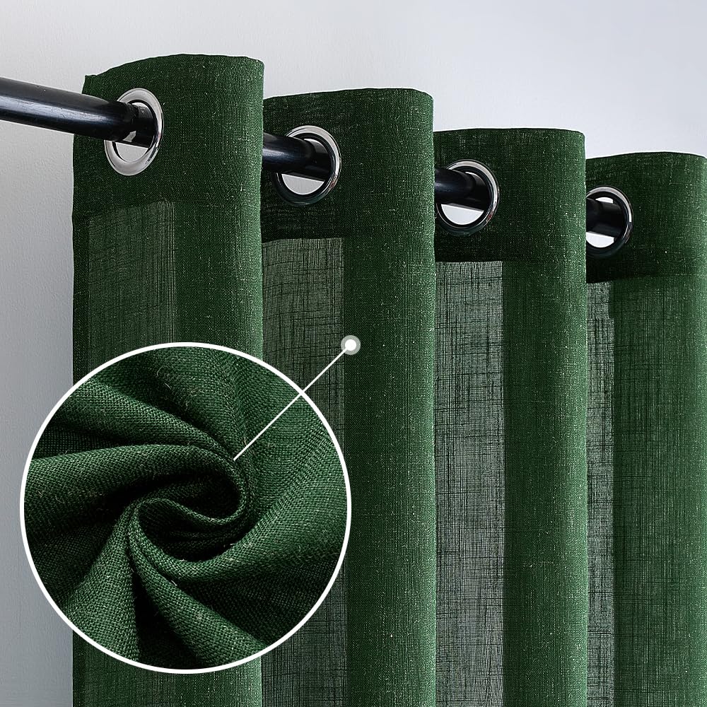 MIULEE Tende lino traslucido passanti 2pz L140xA225 Verde scuro | Tende traslucide effetto lino con passanti metallici, leggere e moderne, adatte per soggiorno, camera e cucina