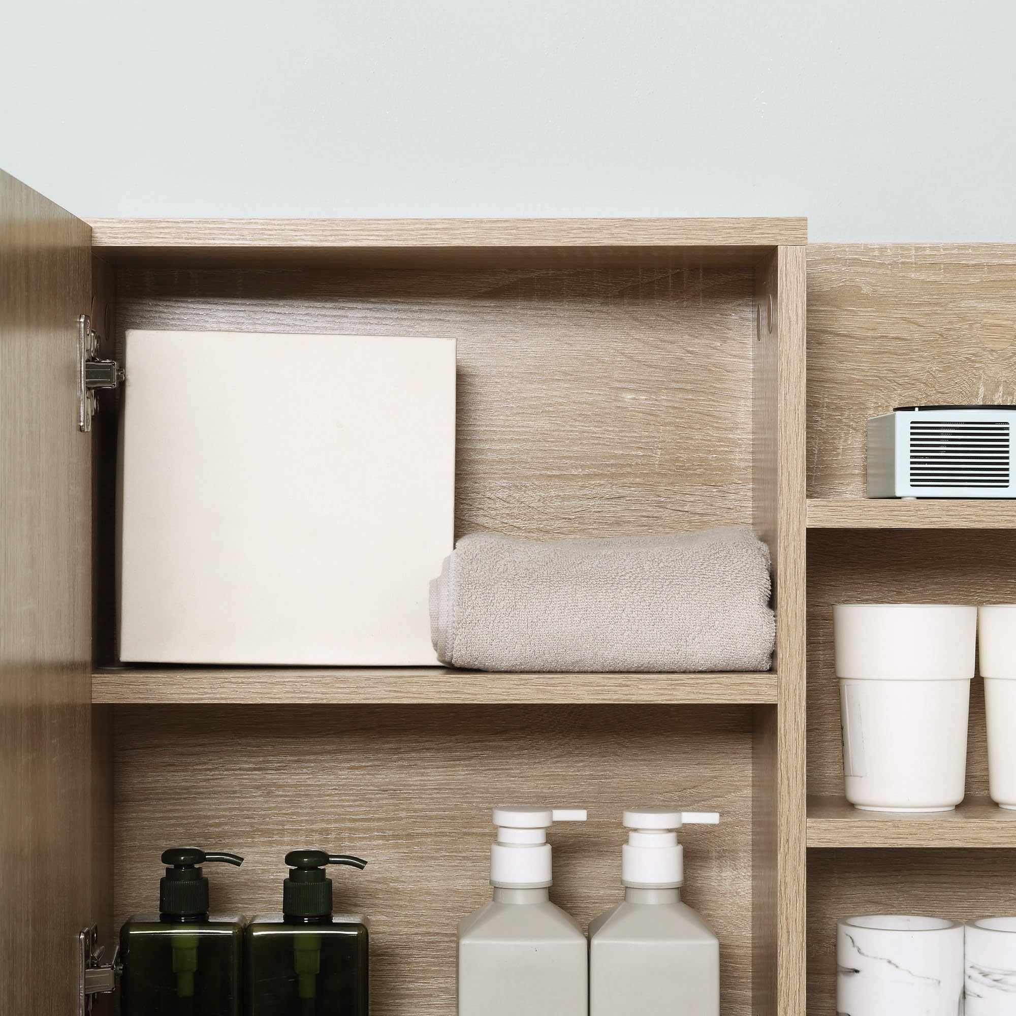 kleankin Armario de Baño con Espejo 3 Estantes Moderno 60x18x50 cm Natural | Armario con Espejo para Baño, Estantes Abiertos, 1 Estante Interior