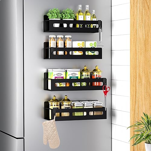 Paquete de 4 estantes magnéticos para especias para refrigerador y horno microondas, organizador de especias para refrigerador con 4 ganchos