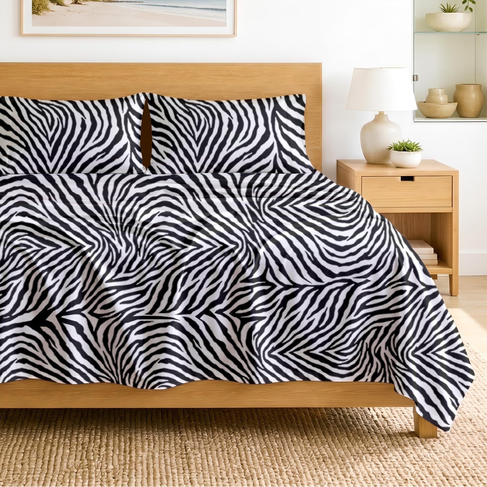 SGI bedding 100% Egyptian Cotton Sheets Full XL Size – 600 Thread Count Sheets Set, Soft, Cooling, 15" Deep Pocket, Luxury Hotel Bedding, Breathable, Durable - Zebra Print