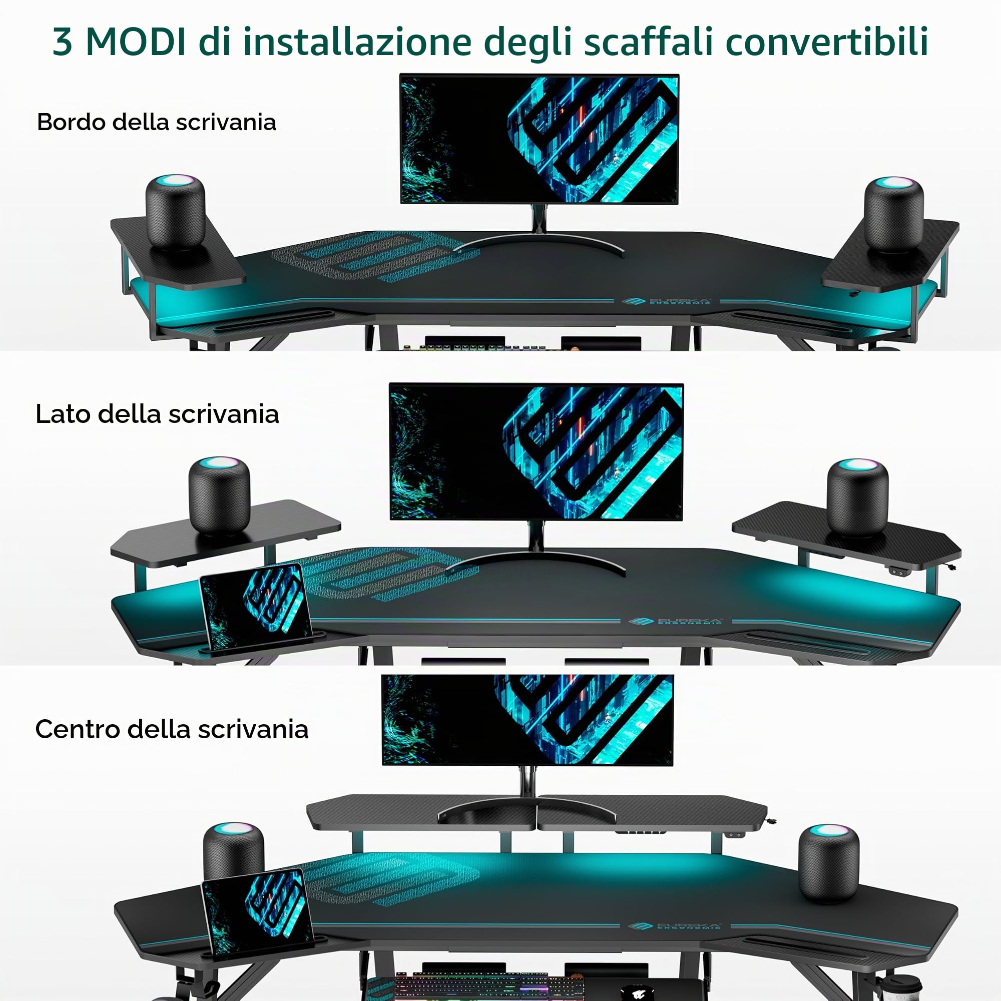EUREKA ERGONOMIC Supporto per Monitor, Organizzatore Multifunzionale da Scrivania 50 x 22 cm, Mensola Flottante per Scrivania a Forma di Ala, Riser in Fibra di Carbonio per Ufficio (Nero, 2 Pezzi)