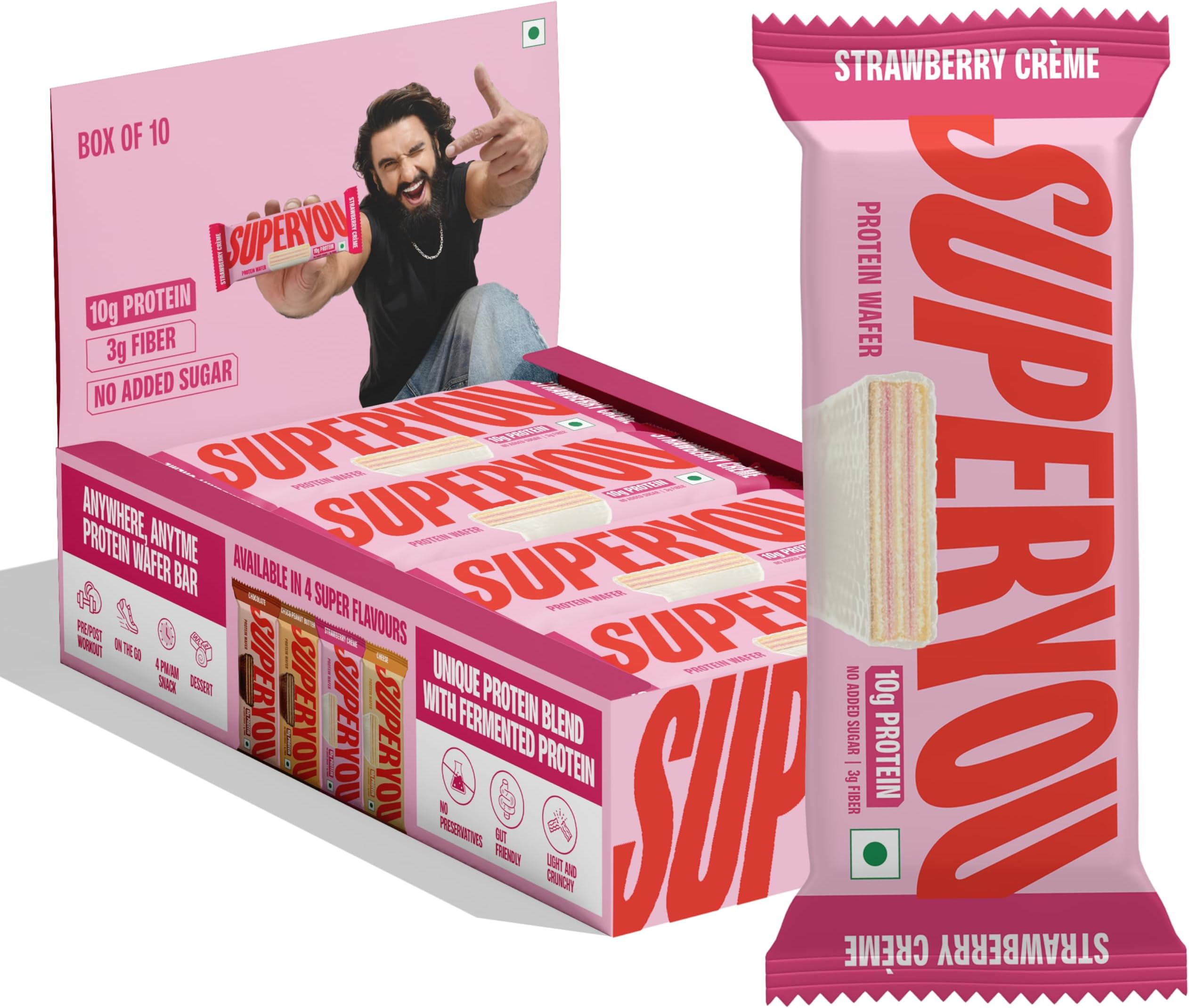 Strawberry Protein Wafer Bars (Pack Of 10)|10 Gram Protein, 3 Gram Fiber, No Added Sugar|Yeast Fermented Protein|Energy Bars|Crunchy Wafer Bar|100% Vegetarian|No Palm Oil|400 Gram