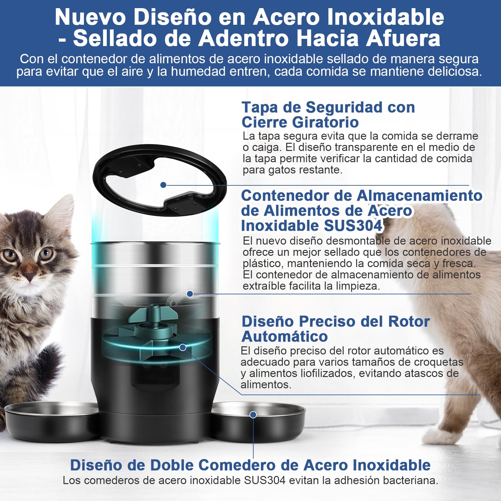5L Comedero Gato Automatico 2 Tazones para Gatos Perros, 2.4G WiFi Acero Inoxidable Diseño Antiobstrucción Temporizador 24h 10 Comidas por Día 1-40 Porciones, Dispensador Automatico Perro Gato