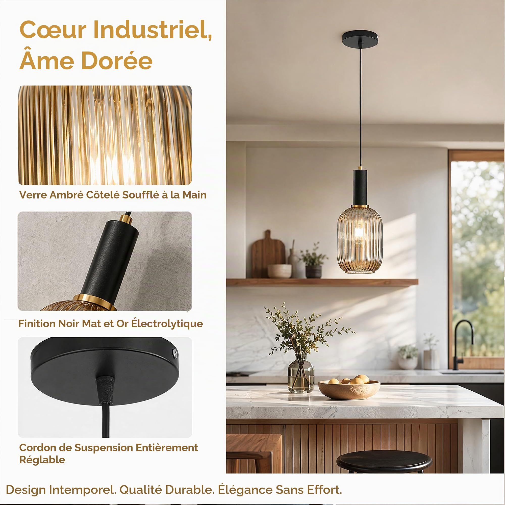 ESKED Suspension Moderne en Verre Strié avec Douille E27, Luminaire Suspendu pour Îlot de Cuisine, Salle à Manger, Chambre (Ambré, 13cm)