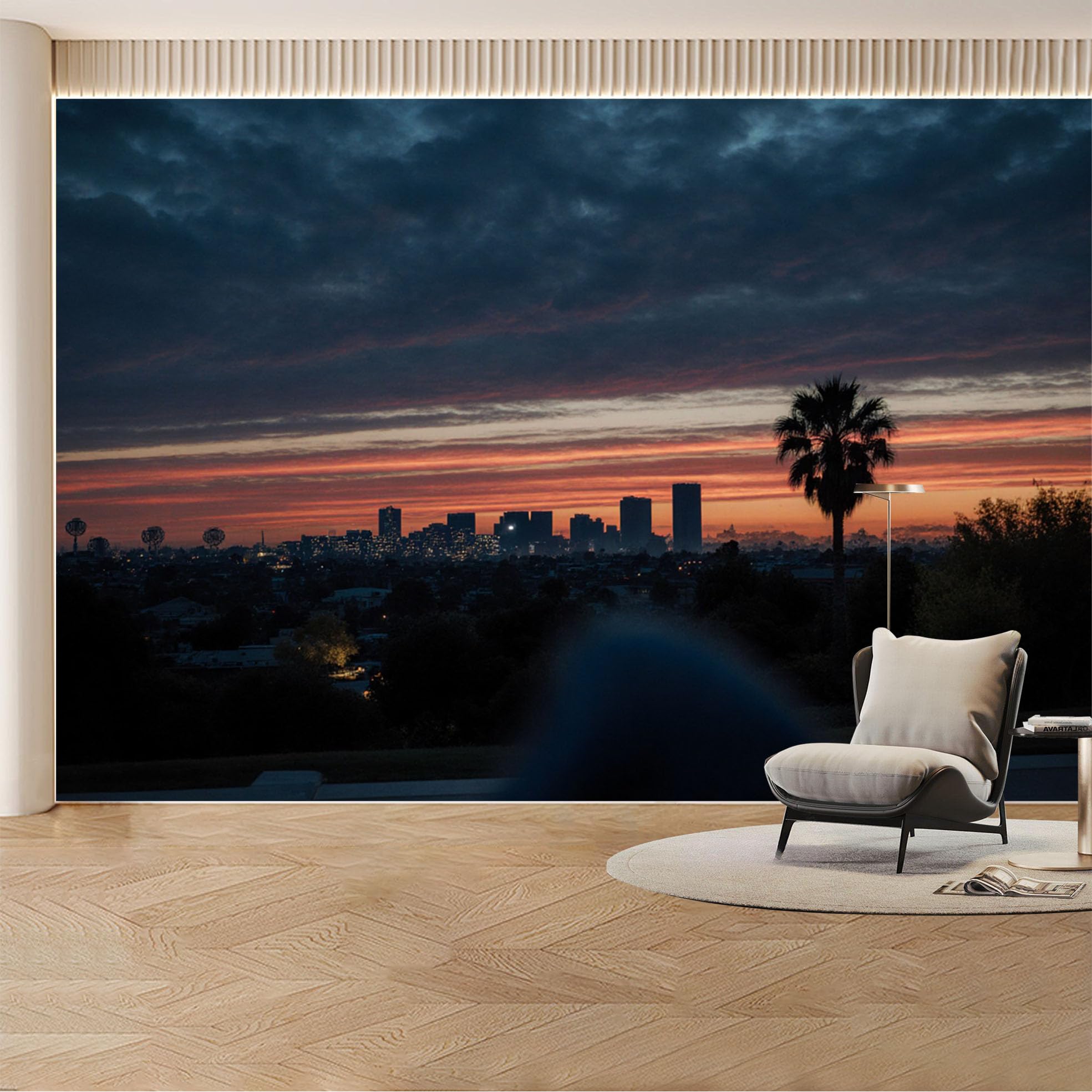 Custom Wall Mural Wallpaper City Skyline Palm Tree， Landscape Modern Wall Decor Large Wall Art， Tropical Sunset for Living Room， Bedroom， Office