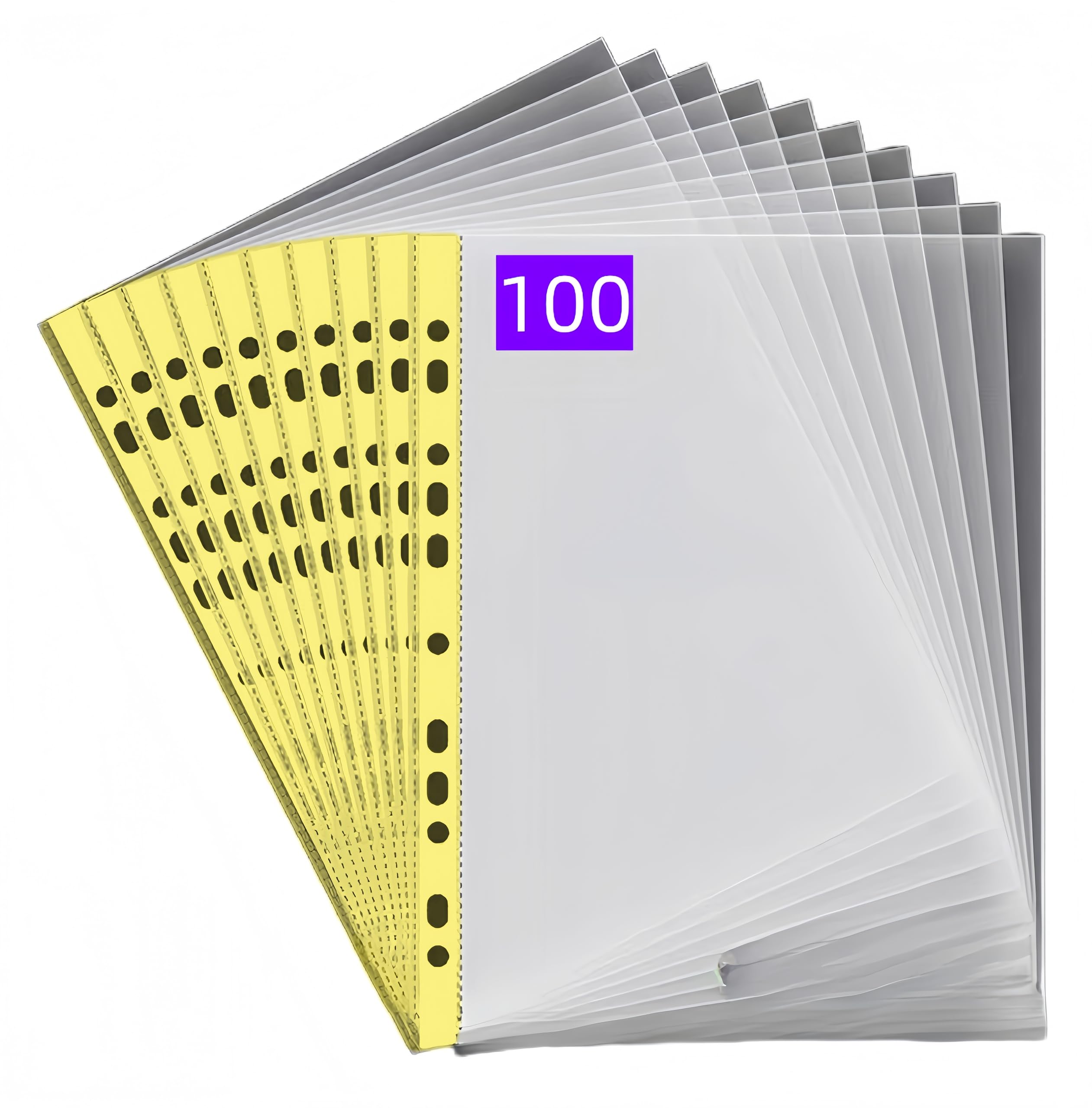 PUTOAHAO Pack of 100 A4 Clear Polypropylene Wallets (0.06 mm, 60 My, 60µ, 60 Micron) with 11 Holes for 2/3/4 Ring Binder, Document Sleeves DIN A4 for Documents, Brochures, Folders (Yellow Page, 6C-100