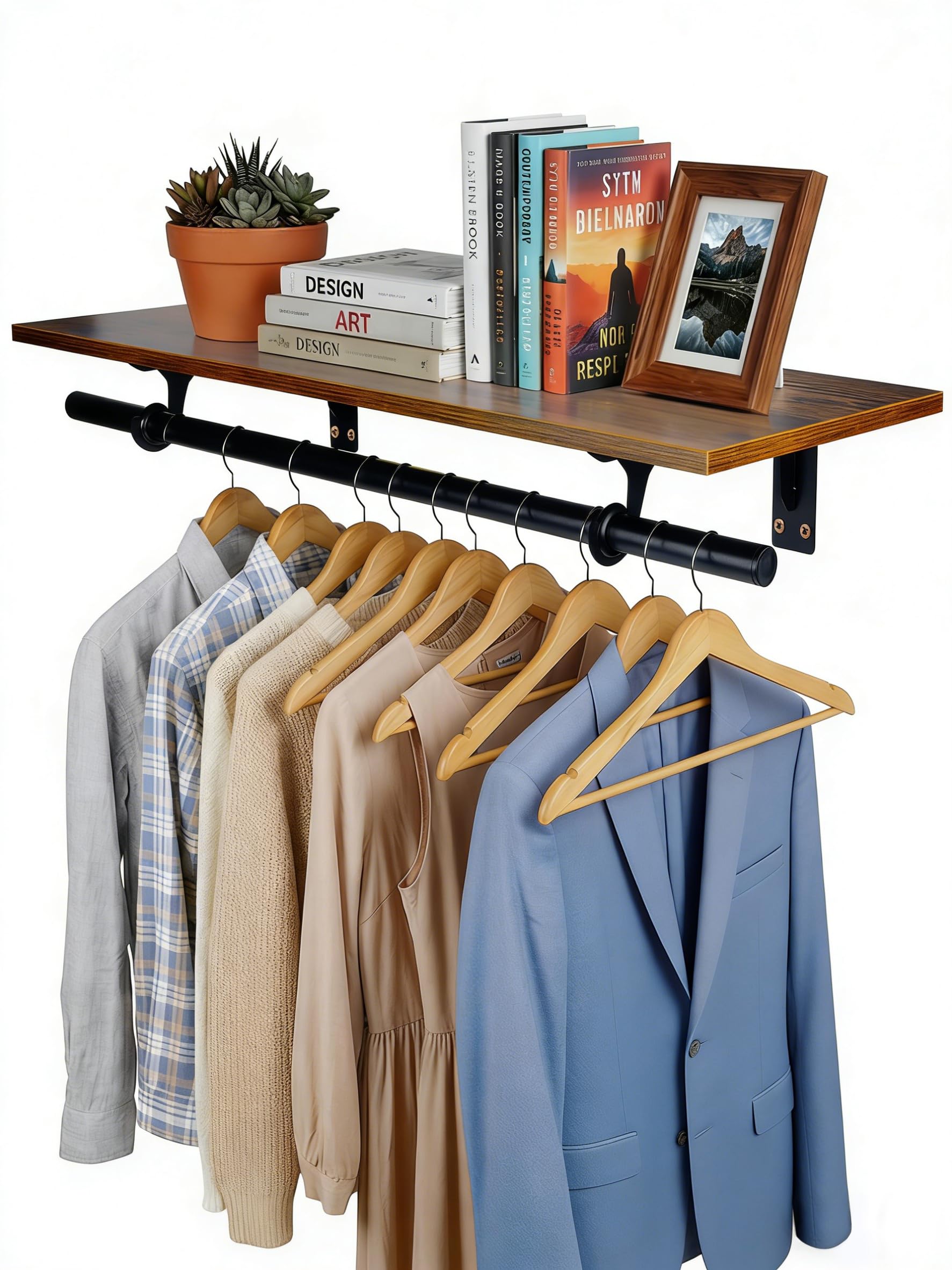 FIRJOY Closet Shelf with Hanging Rod, Heavy Duty (Black, 1 PACK 11.8" x 31.4")