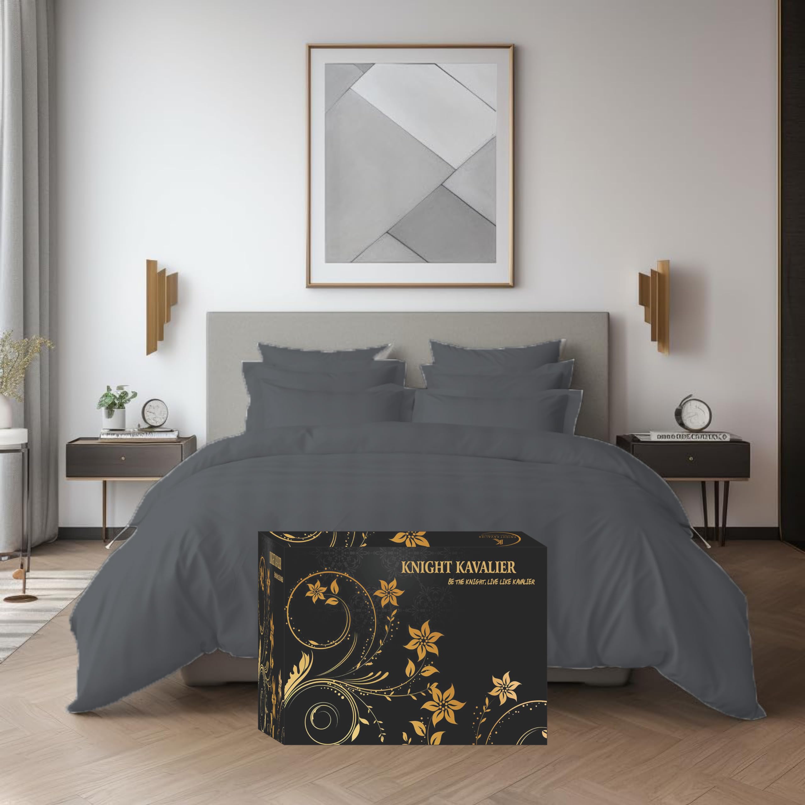 Knight Kavalier Duvet Cover Set King/Cal King Size Dark Grey, Cotton 400 TC Sateen Weave, 1 Zipper Closure Single 102"×92" Comforter Cover & 2 Pillowcase, Comforter Not Included