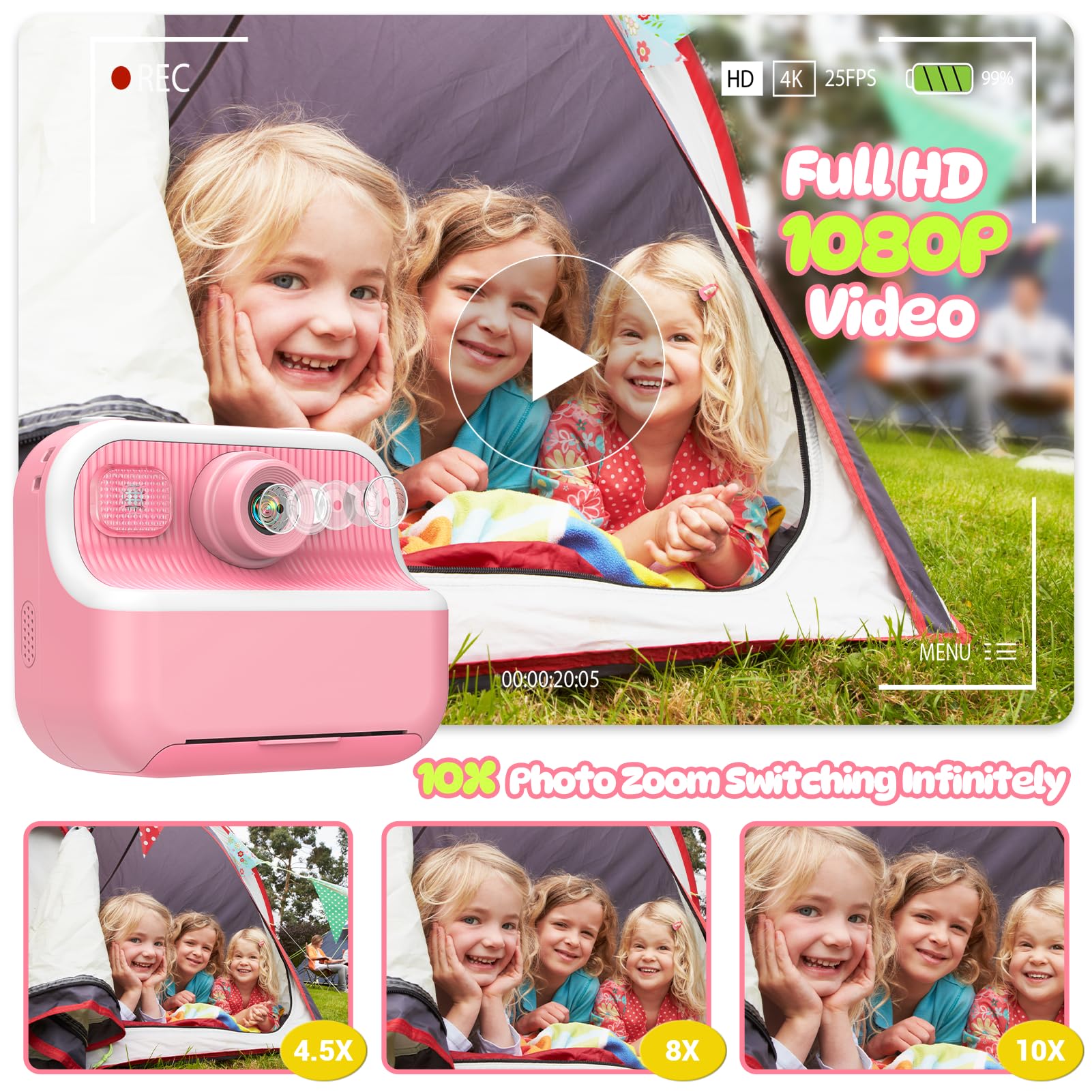 Dancial Macchina Fotografica Bambini Istantanea, 2,4 Pollici Fotocamera Bambina con Carta da Stampa e 32G, 12MP/1080P HD Videocamera Digitale con Stampante, Regalo Bambina Bambino 3-12 Anni (Rosa)