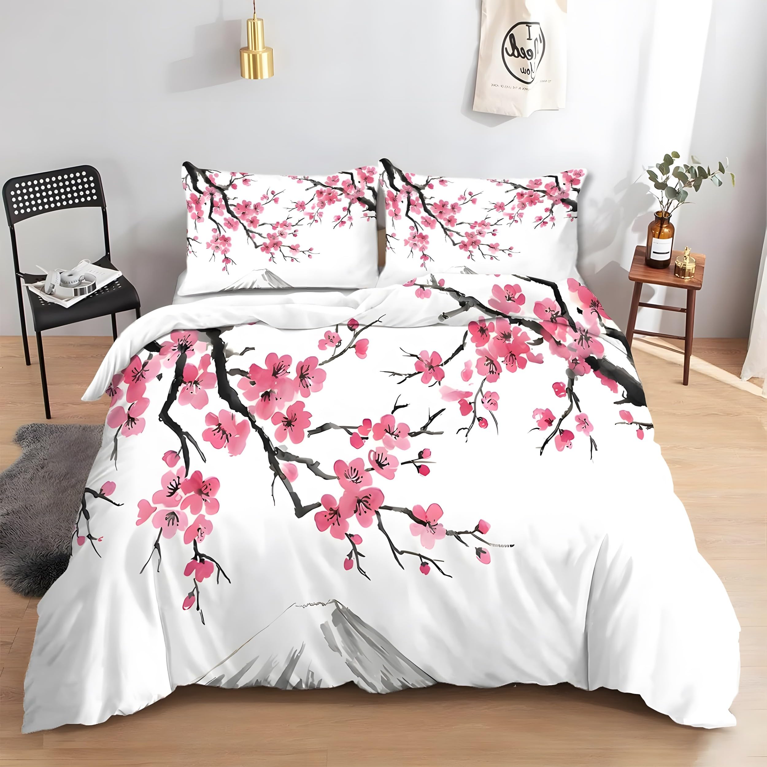 YZQGLHP Pink Cherry Blossoms Double Duvet Cover Japanese Style Bedding Double Bed Set with Zipper Lightweight Microfibre Quilt Cover with 2 Pillowcases 50x75cm