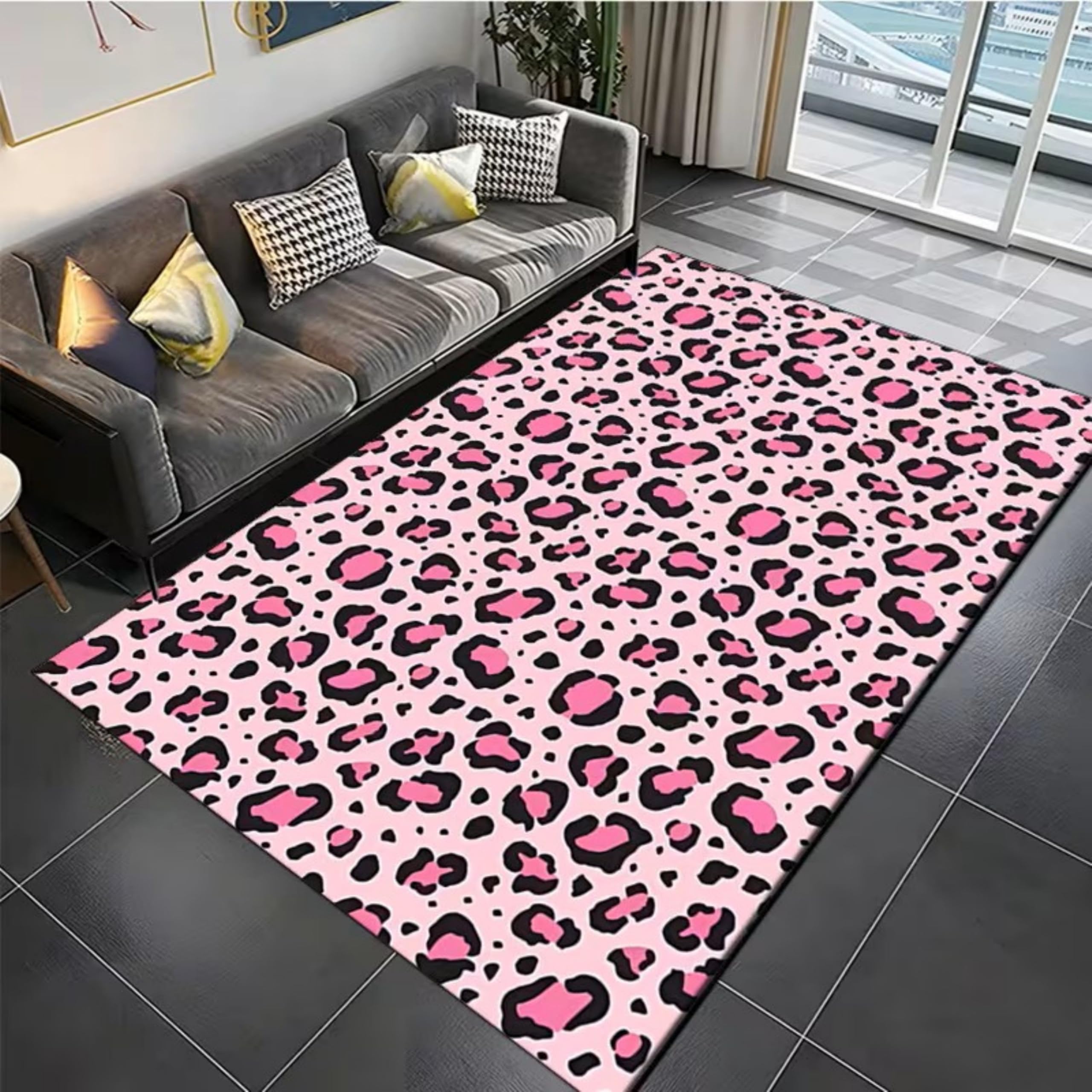 Pink Leopard Print Rug 200x260cm Pink Background With Black Border and Pinks Speckled Pattern, Girl's Bedroom Rugs, Soft, Non-Slip, Machine Washable, Suitable for Living Room, Entryway, Home Decor