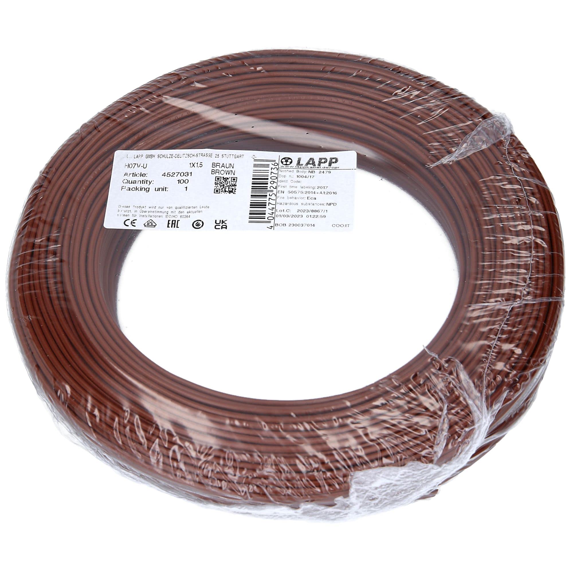 Lapp 4527031 H07V-U Cable de Alimentación de PVC 100 m Rígido, 1,5 mm² | Cable de cobre de un solo núcleo para cableado interno de equipos y luminarias, instalación rápida en tubos protectores.