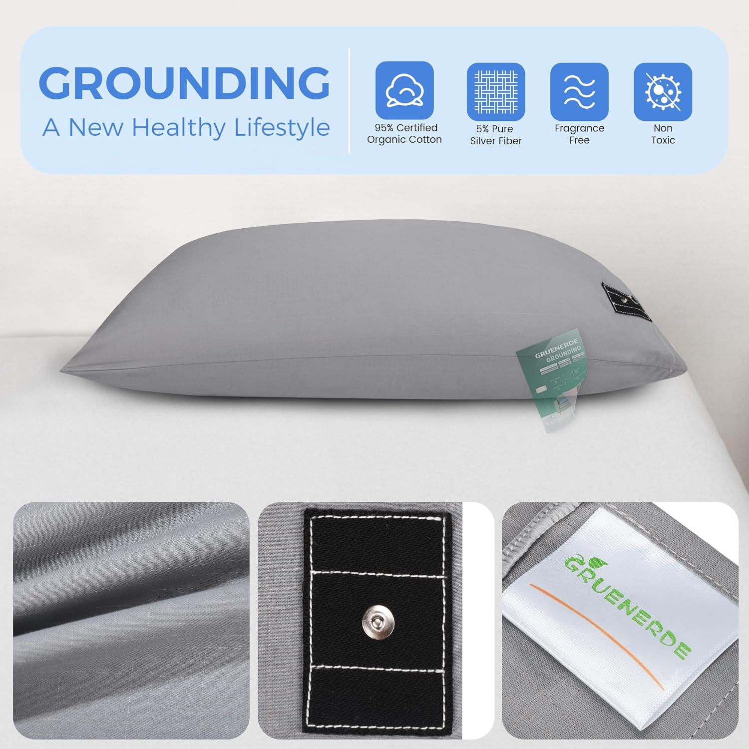 2pc Grounding Pillowcases King with 10% Silver Fiber Conductive Grounding Pillow Case Silver Fiber Improve Sleep Gray 20x36in